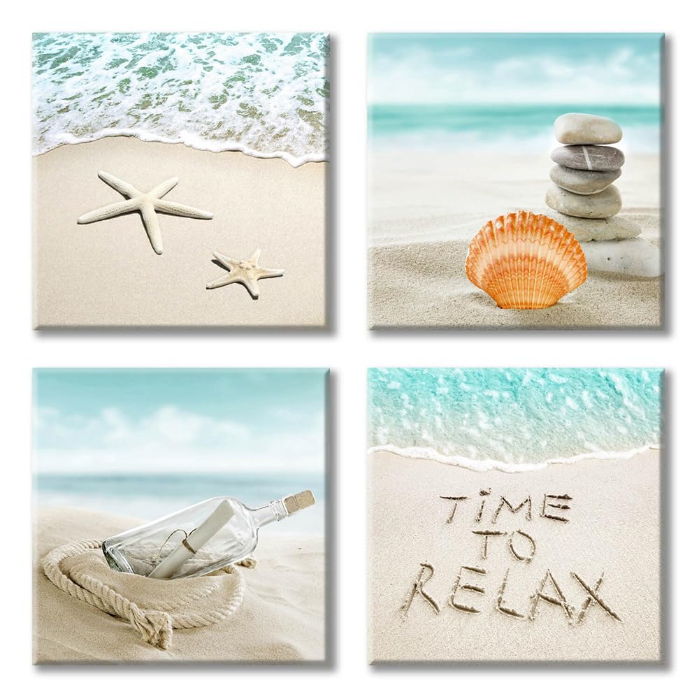 Coastal Beach Wall Art Set - 16''x16'' 4-Panel Canvas Prints of Seashells & Drift Bottles, Ocean Themed Bathroom Decor for Coastal & Nautical Home Styling | Perfect for Beach House, Bathroom, or Living Room Wall Decor