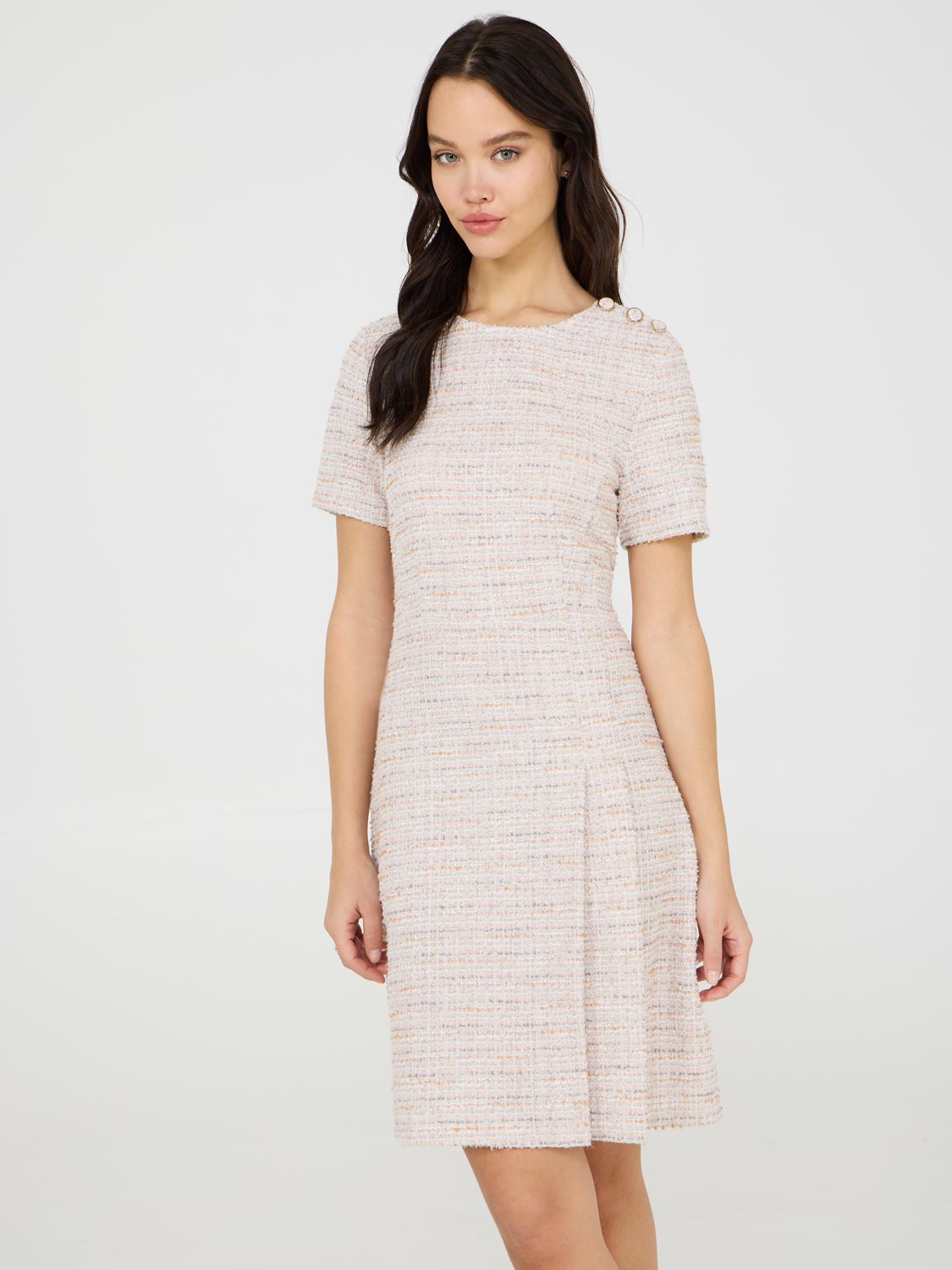 Women's Short Sleeve Boucle Knit Dress - Elegant Casual Summer Dress for Work, Party & Date Night