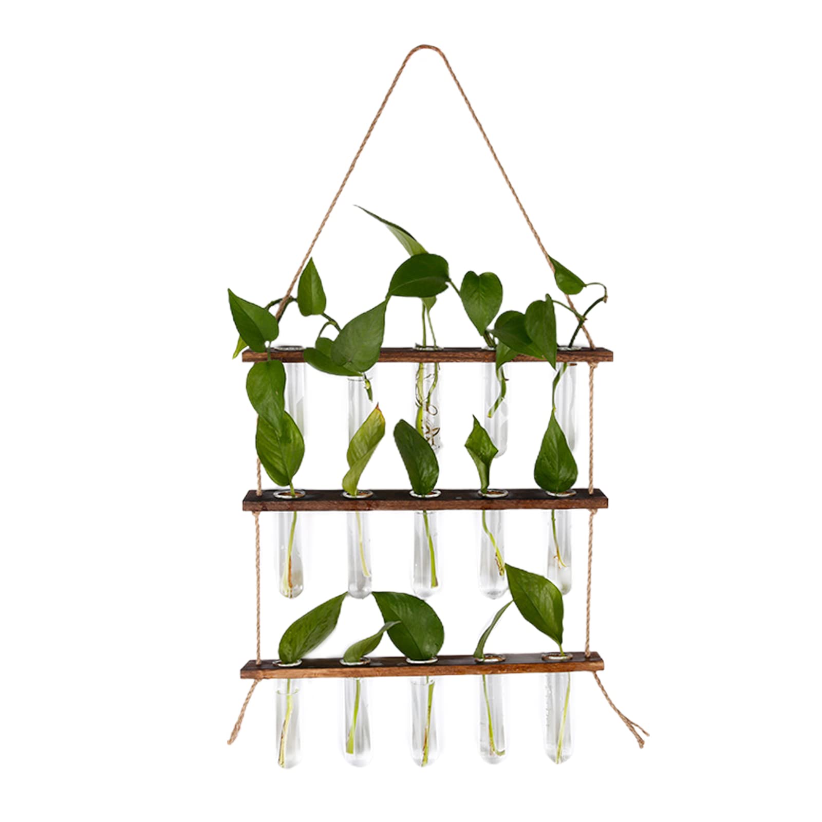 3-Tier Wall Hanging Planter Terrarium with Wooden Stand - Test Tube Vase Air Plant Holder for Hydroponic Plants, Flower Propagation - Perfect for Home, Office & Garden Decor (Indoor Vertical Gardening, Modern Boho Style)
