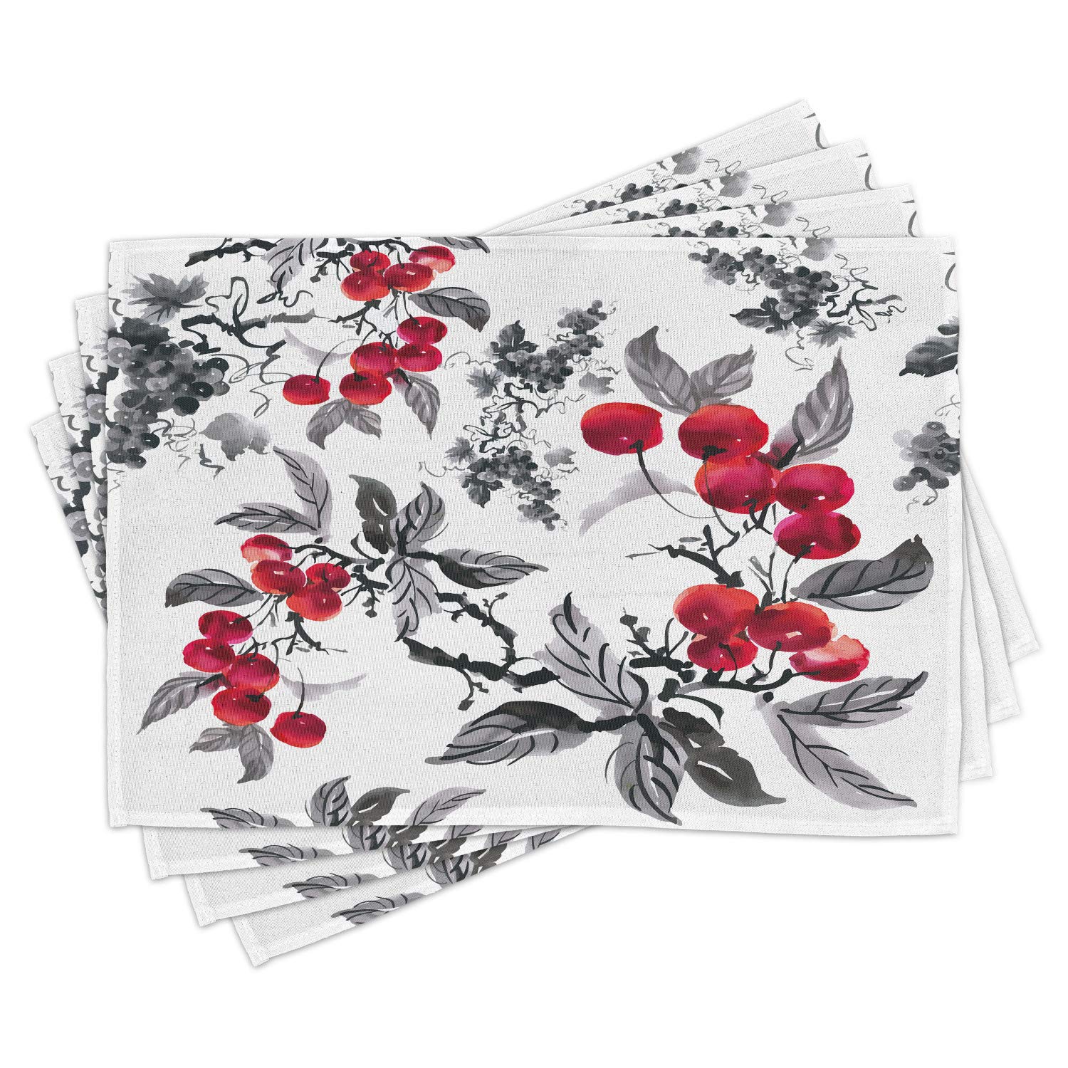 Ambesonne Rowan Place Mats Set of 4 - Watercolor Mountain Ash Plants & Forest Foliage Design - Washable Fabric Table Mats for Dining Room & Kitchen Decor in Ruby Grey Black - Perfect for Dinner Parties, Holiday Gatherings & Everyday Use