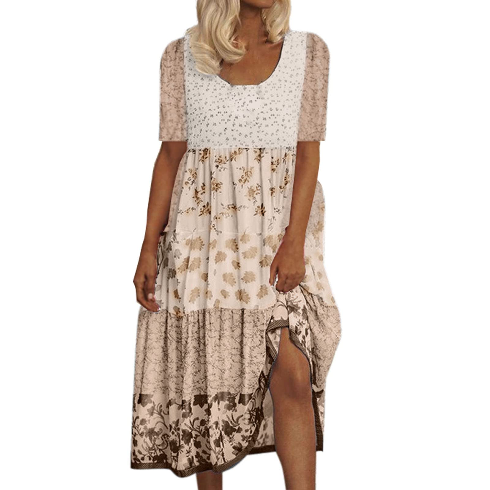Women's Summer Floral Short Party Dress - Bohemian Sexy Round Neck Midi Dress for Beach Vacation, Date Night & Outdoor Events