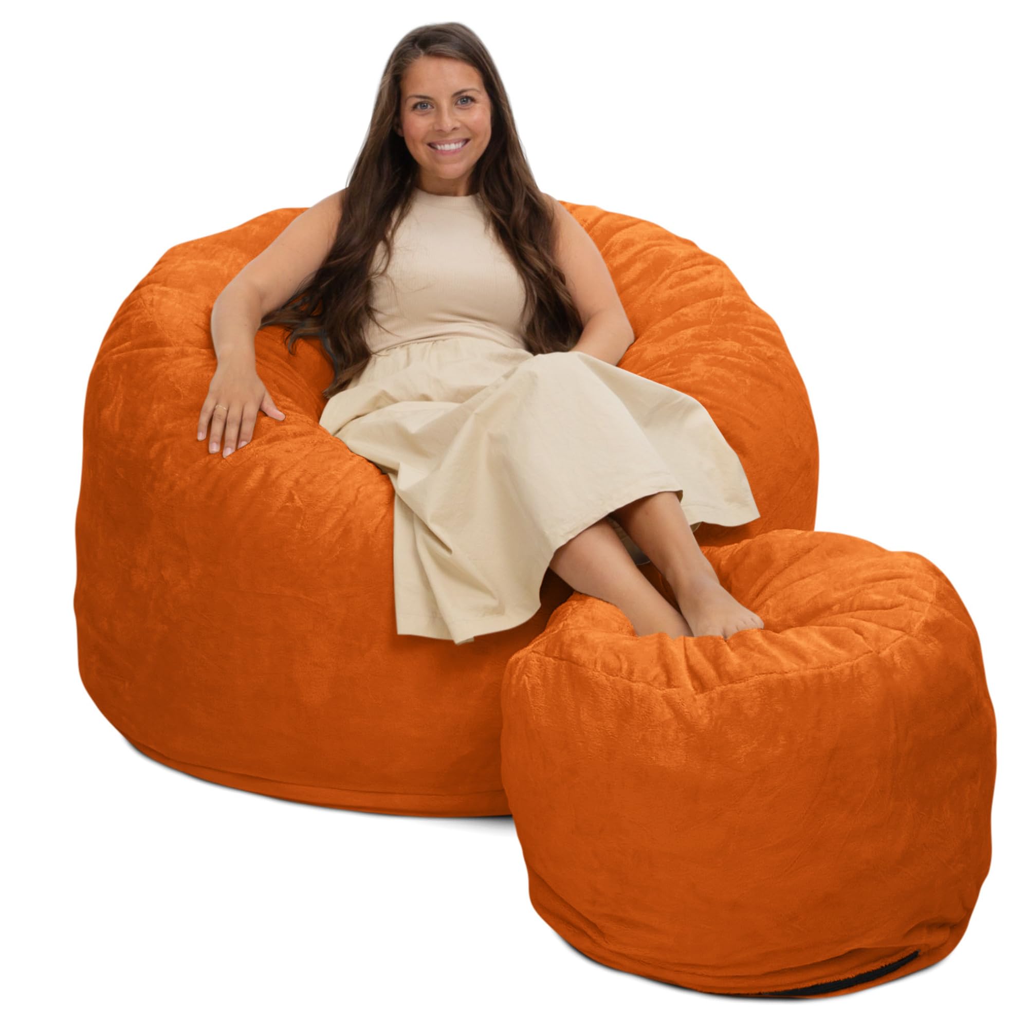 ULTIMATE SACK 4ft Oversized Bean Bag Chair for Adults with Footstool - Soft Orange Fur Lounge Chair - Comfy Bean Bag Sofa, Loveseat & Couch Alternative for Living Room, Bedroom & Game Room Relaxation