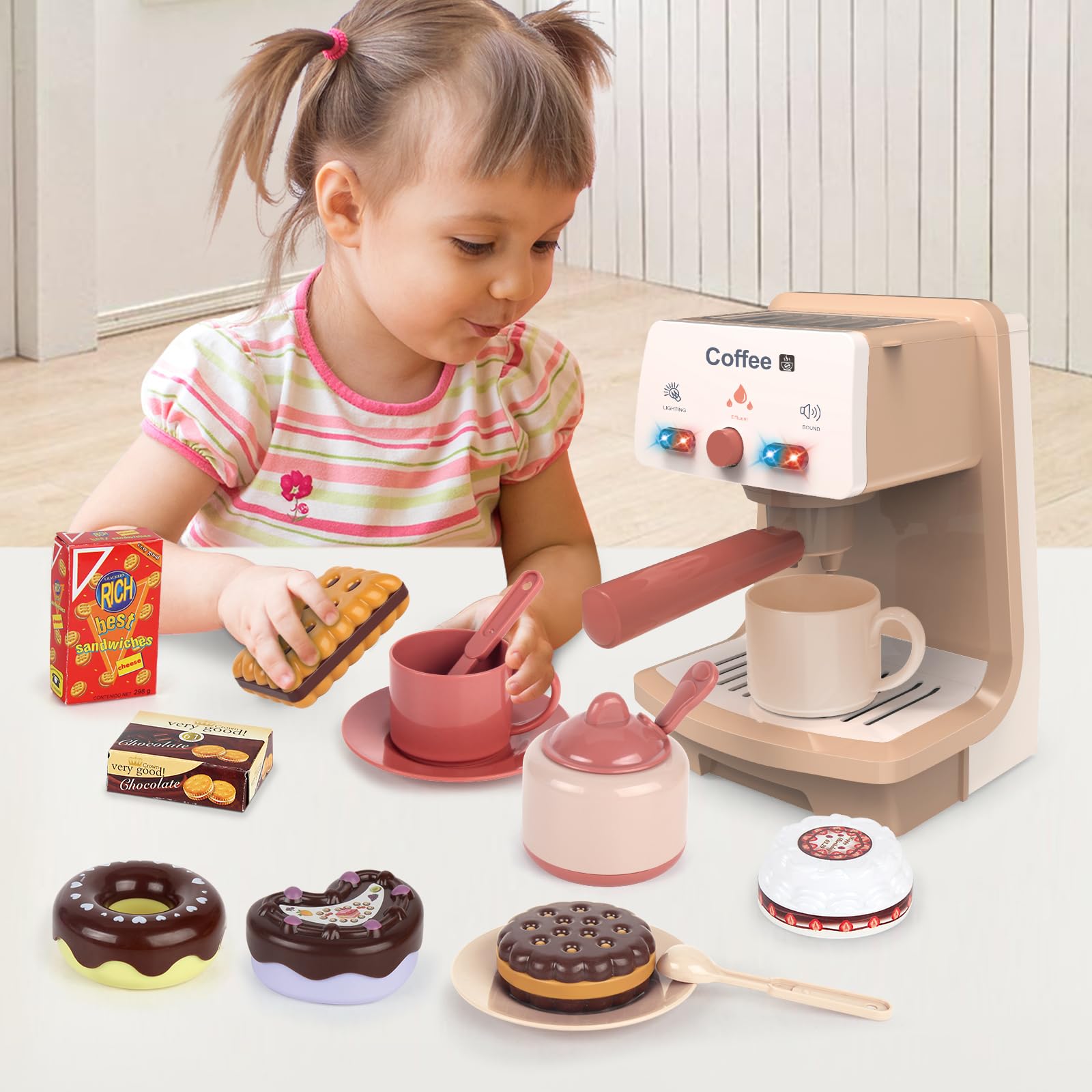 **Kids Pretend Play Coffee Maker Toy Set - Realistic Espresso Machine with Lights & Sounds for Imaginative Play - Perfect for Role-Playing & Kitchen Fun**