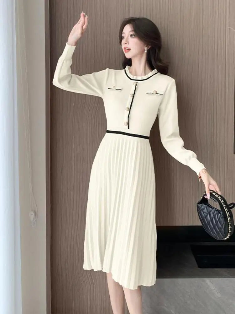 Women's Elegant Round Neck Patchwork Knitted Midi Dress - Long Sleeve Button Pleated Office Dress for Autumn Winter | Perfect for Work, Parties & Holiday Events