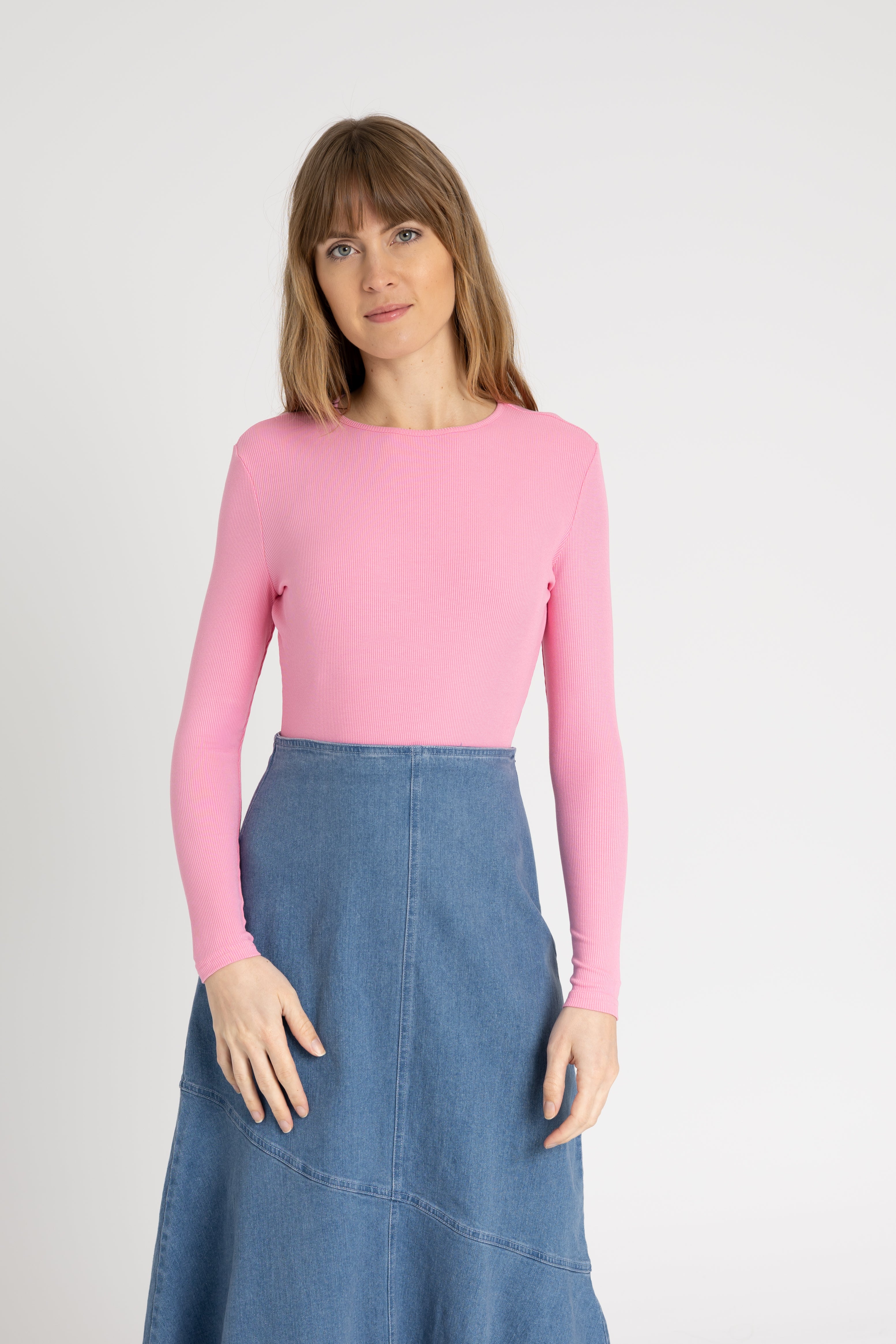 Stylish Pink Ribbed Long Sleeve T-Shirt for Women - Soft Stretch Fit Casual Top for Fall & Winter - Perfect for Layering, Office Wear & Weekend Outfits