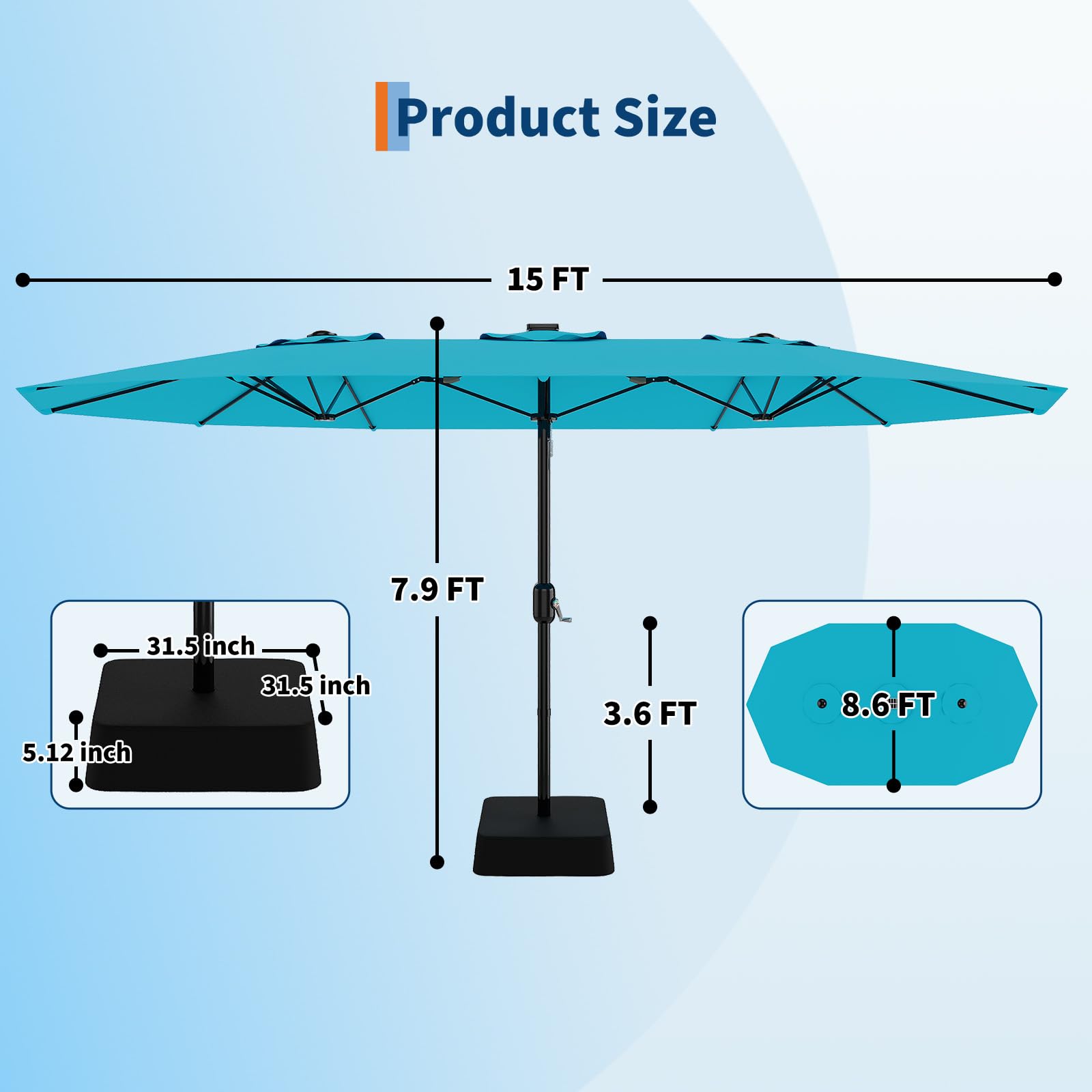 GARVEE 15' Large Outdoor Patio Umbrella with Heavy Duty Base - Double Sided Rectangle Market Umbrella for Poolside, Lawn, Backyard, Garden - Waterproof & UV Protection - Misty Blue - Perfect for Outdoor Dining, Lounging, and Shade