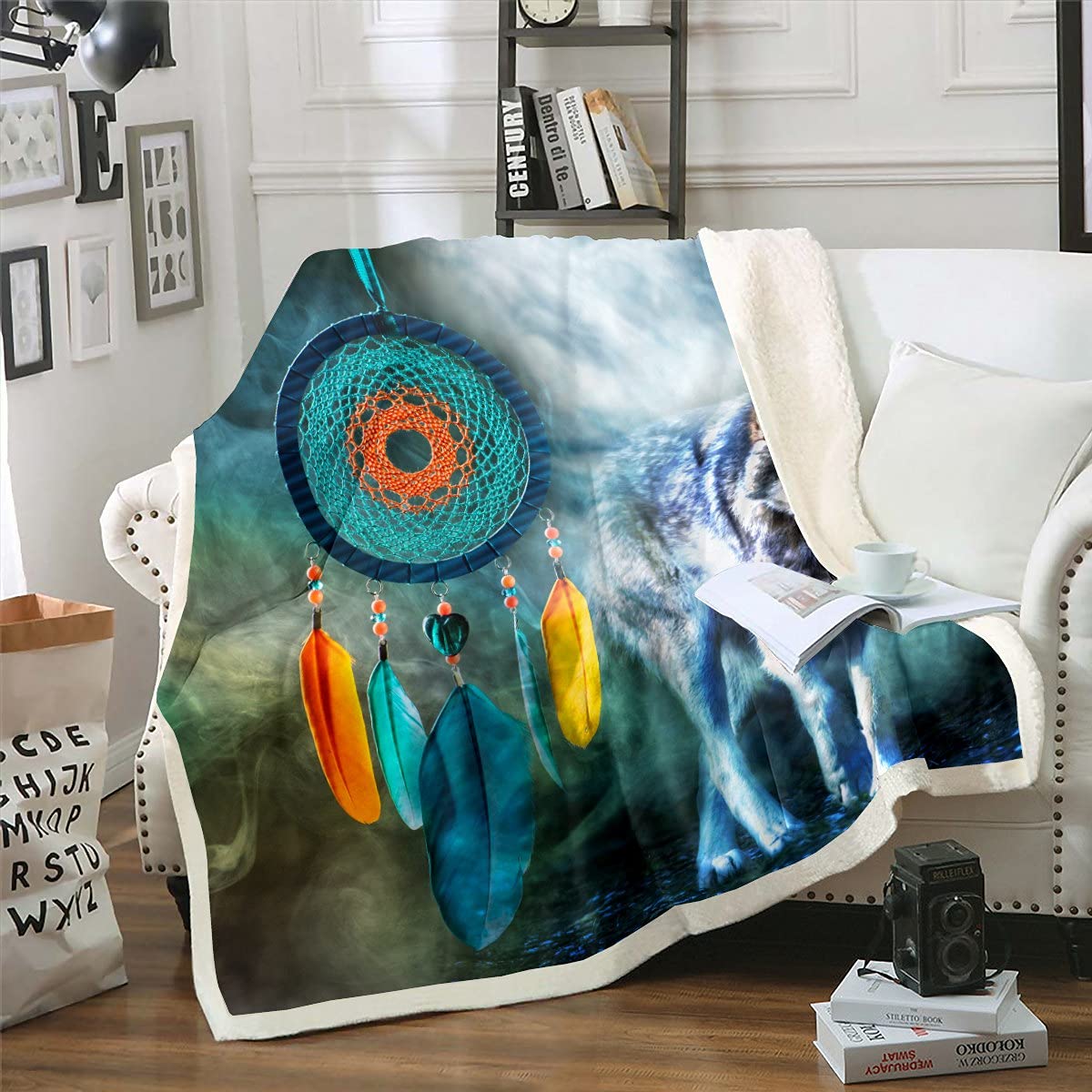 Erosebridal Bohemian Dream Catcher Wolf Fleece Blanket - 3D Printed Wild Animal Sherpa Plush Throw for Kids, Boys & Girls - Soft Fuzzy Blanket for Bed, Couch & Nursery (30x40 Inches) - Perfect for Cozy Nights, Camping & Gift Giving
