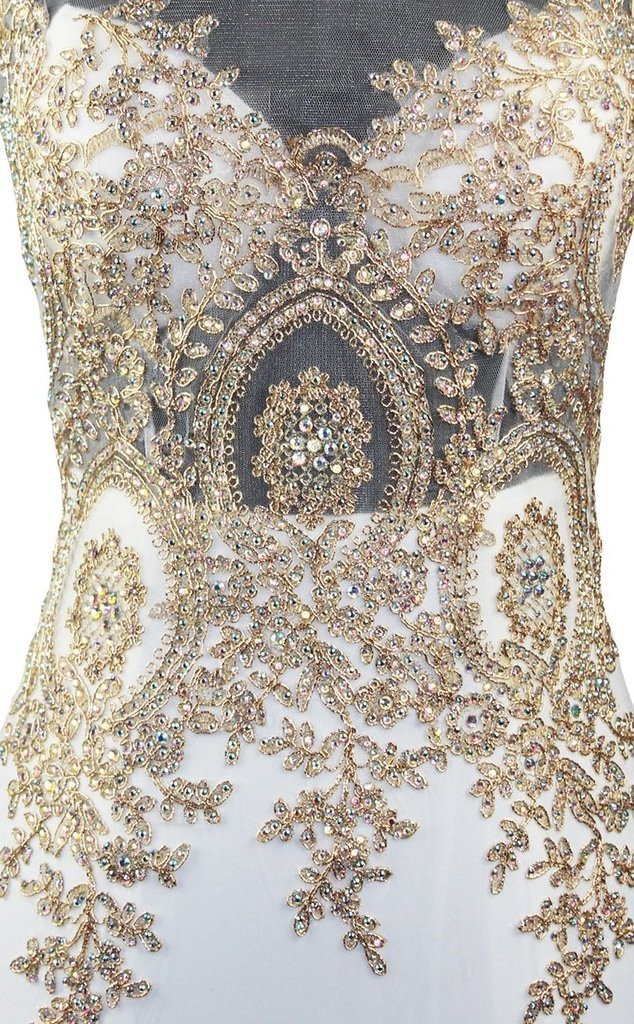 Lemai Spandex Mermaid Evening Dress with Gold Crystals & Lace - Elegant Long Sheer Prom Gown for Women | Perfect for Formal Events, Weddings & Special Occasions