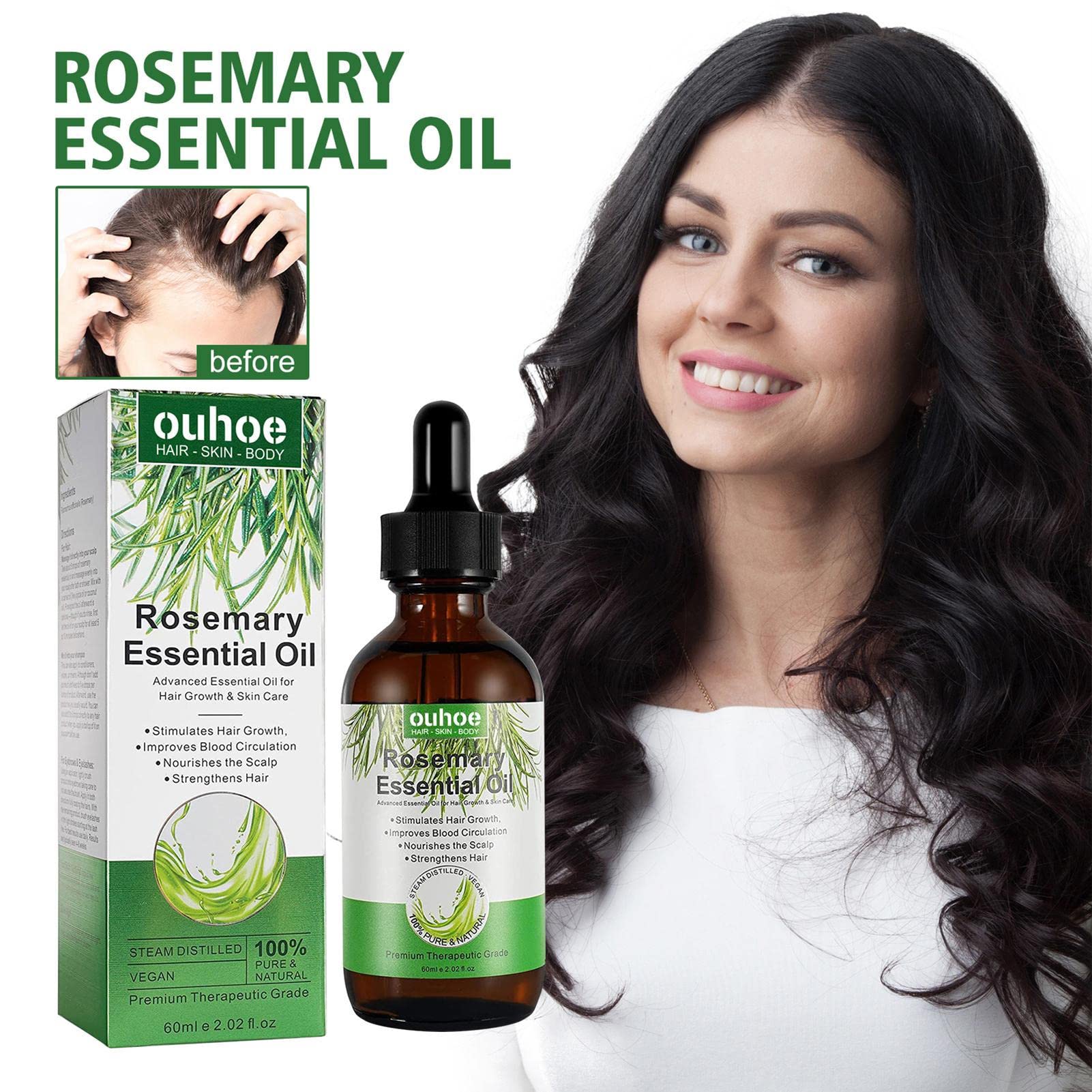 Organic Rosemary Oil for Hair Growth & Scalp Care - 100% Pure Natural Essential Oil for Thicker Hair, Hair Regrowth & Reducing Hair Loss - 60ml Bottle for Daily Hair & Scalp Massage at Home