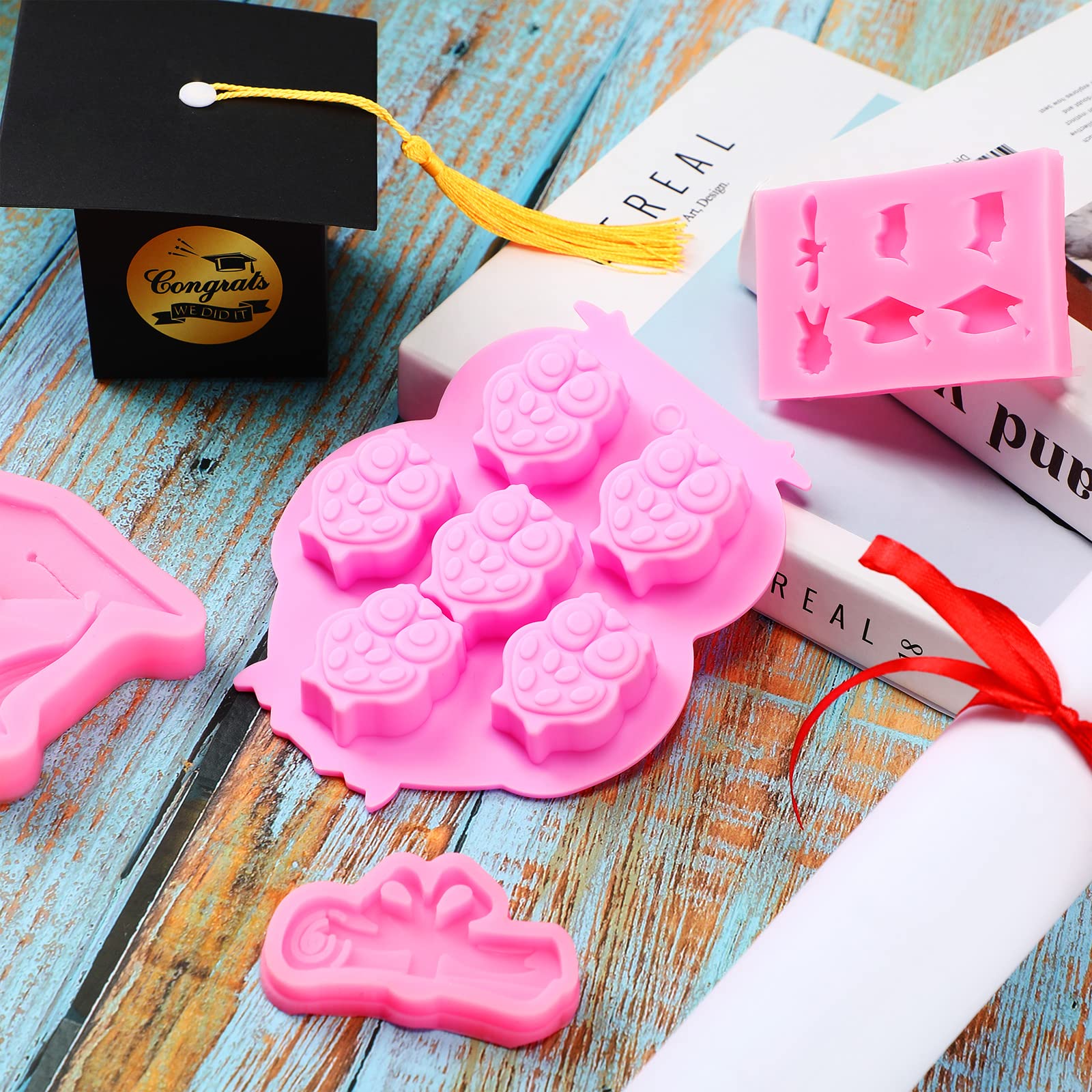 4 Pack Graduation Silicone Molds Set - Owl, Diploma Scroll & Grad Cap Candy Molds for Fondant, Cake Toppers - Perfect for Graduation Parties, Teacher Gifts & DIY Dessert Decorations