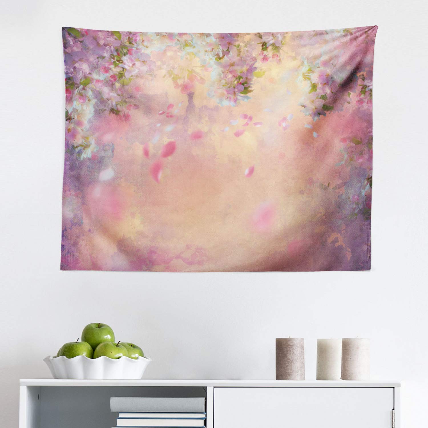 Ambesonne Abstract Japanese Spring Nature Tapestry Wall Hanging - Peach Lavender Floral Fabric Decor for Bedroom, Living Room, Dorm (28