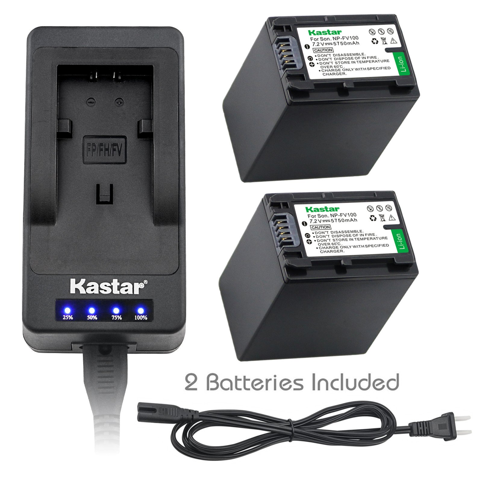 Kastar 2-Pack LED Super Fast Charger & Camcorder Battery Compatible with Sony NP-FV100 for HDR-PJ820/PJ820E/TD10/TD20/TD30/XR150/XR155/XR160/XR260/XR350/XR350VE/XR550 - Perfect for Travel Vlogging & Outdoor Filming