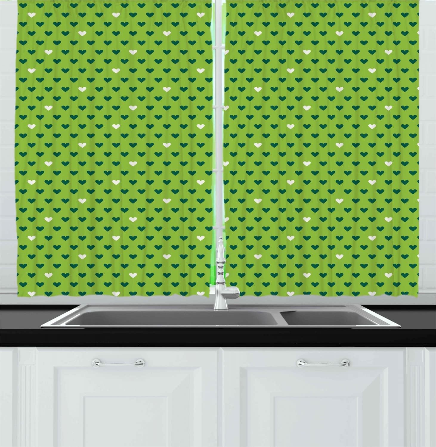 Ambesonne Green Long Kitchen Curtains with Heart Pattern - 55