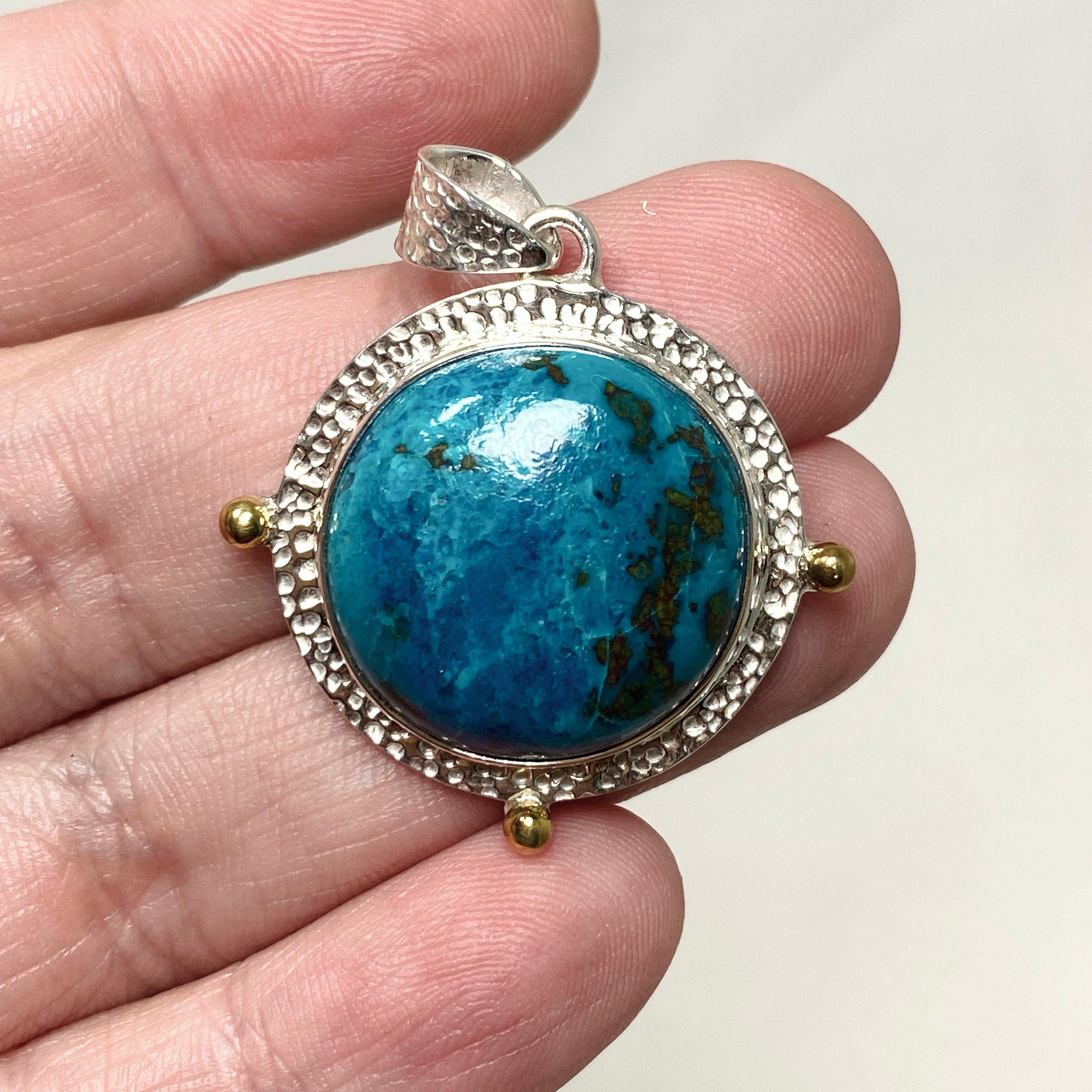 Chrysocolla with Shattuckite Round Pendant Necklace - Handmade Gemstone Jewelry KPGJ4424 | Spiritual Healing, Meditation & Boho Fashion Accessory