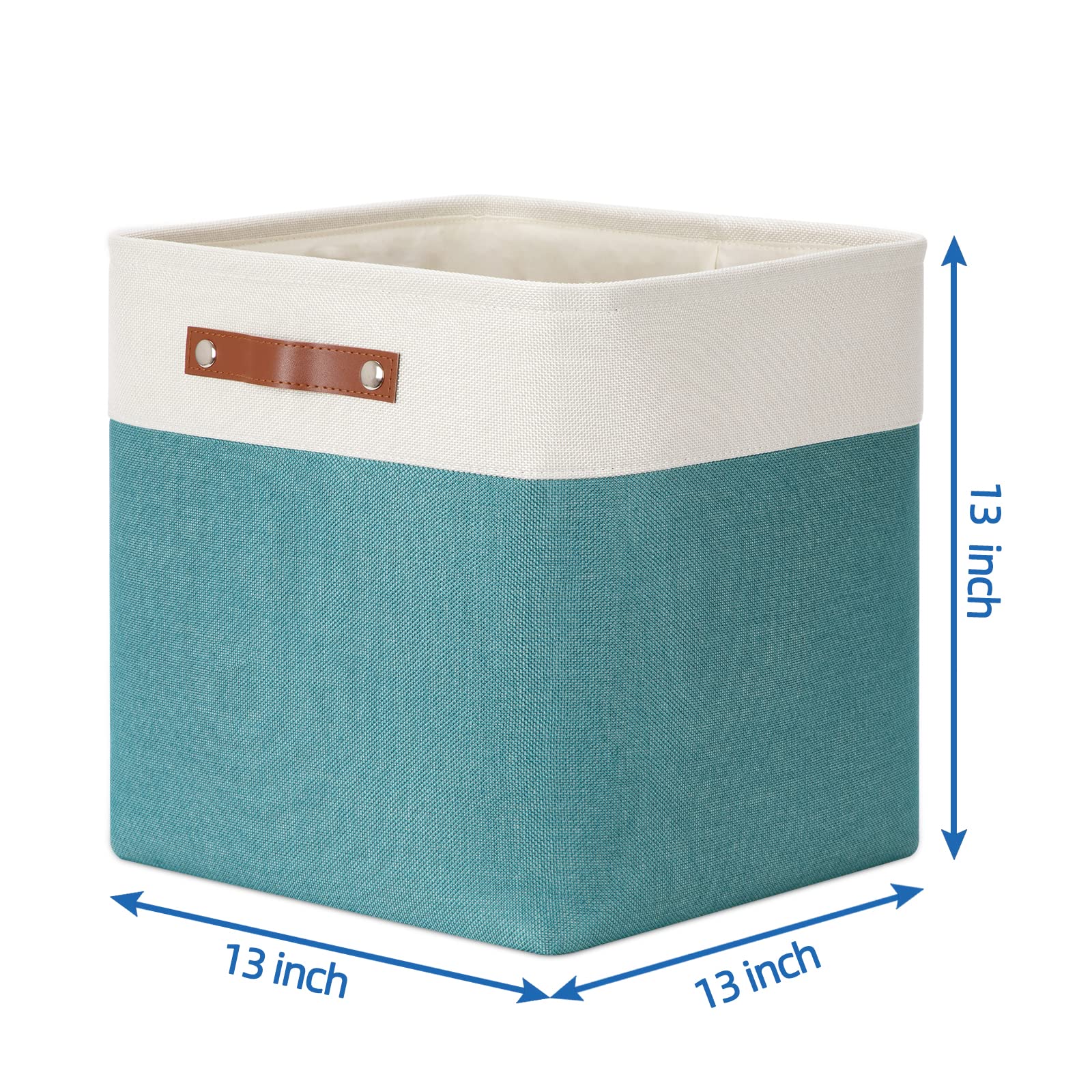 Temary 13x13 Inch Fabric Storage Cubes & Bins - 4-Pack Large Organizing Baskets with Handles for Clothes, Books, Toys - Perfect for Closet, Nursery, Office Organization (White & Teal)