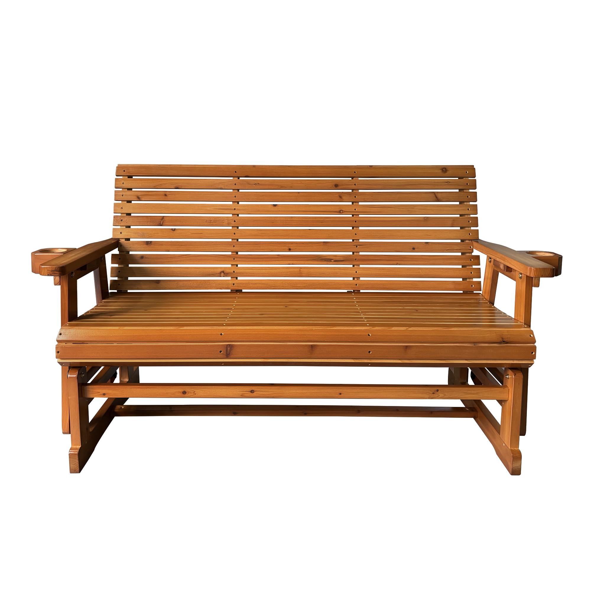 Fortune Candy 3-Seater Patio Glider with Cup Holders - High Roll Back & Deep Contoured Seat - Heavy Duty 800 lb Capacity - 5 Feet Teak Tone Outdoor Furniture - Perfect for Backyard, Garden, Deck or Poolside Relaxation