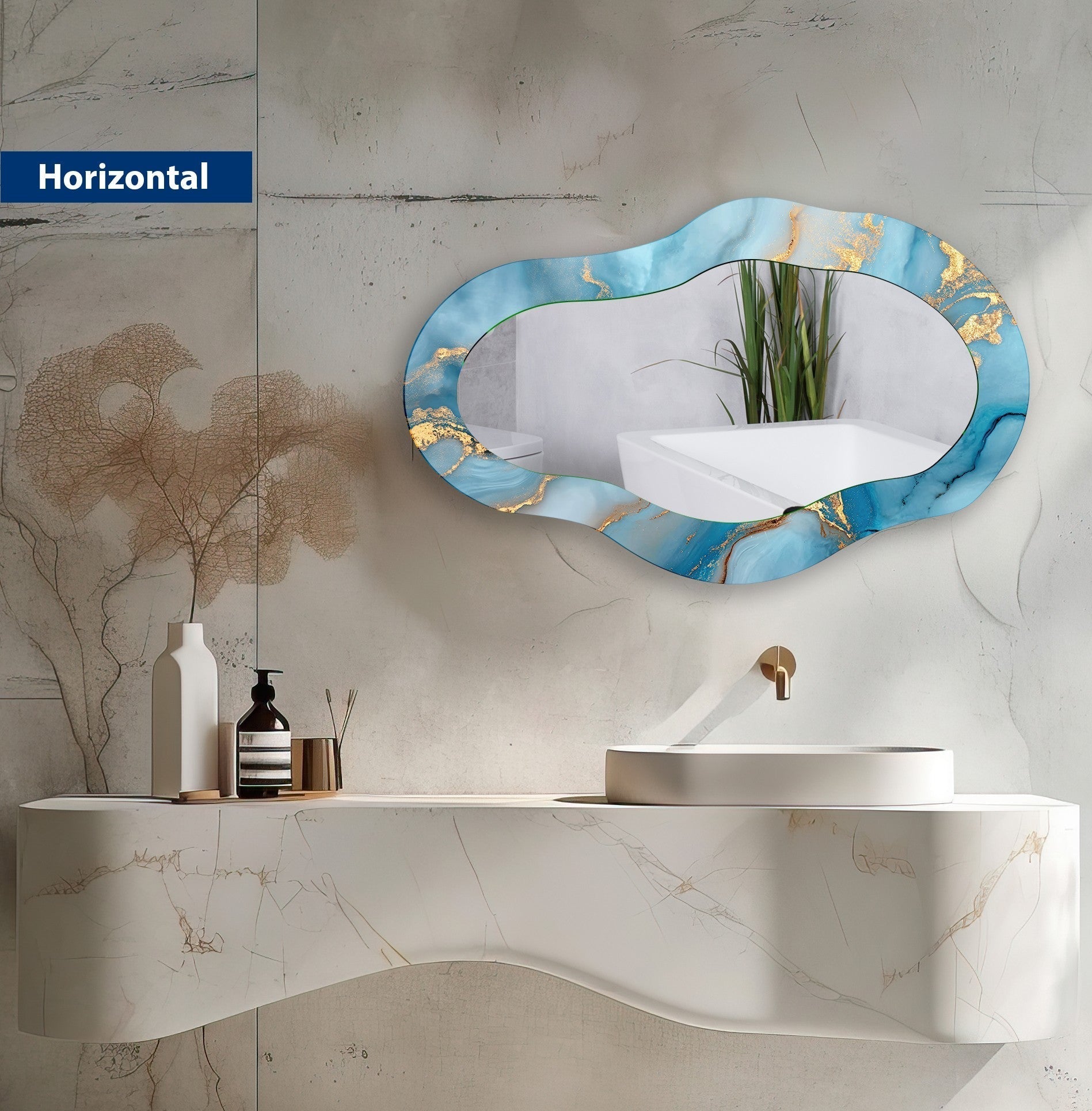 Abstract Blue Asymmetrical Wall Mirror - Modern Decorative Mirror for Living Room, Bedroom, or Entryway - Unique Home Decor Accent Piece