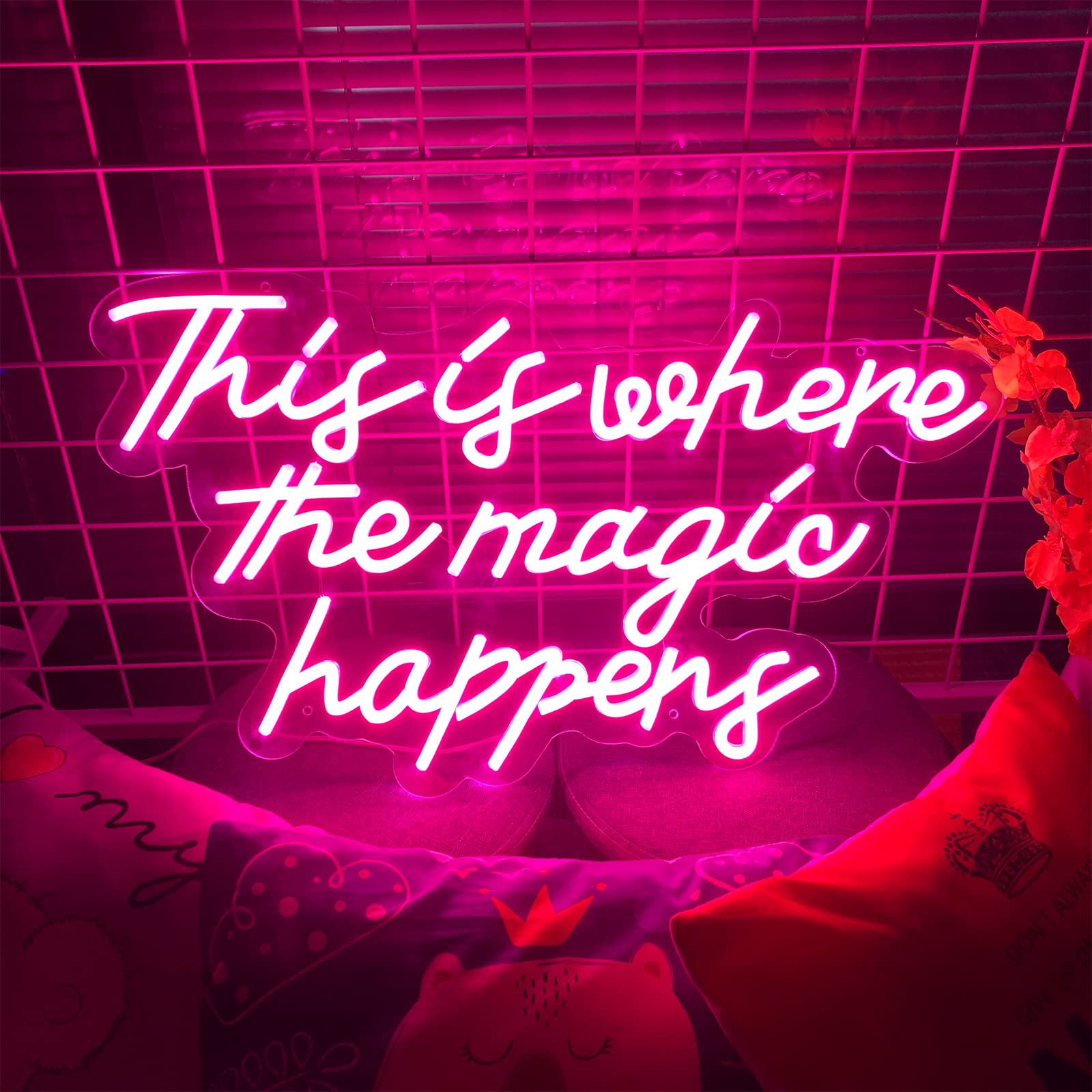 Custom LED Neon Sign - 'This is Where The Magic Happens' - 20 Inch Pink Wall Decor for Bedroom, Bar & Home - Personalized Gift for Birthday, Wedding & Christmas Parties