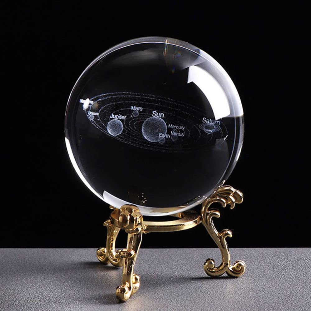 3D Crystal Ball Sphere with Gold Metal Base - 6cm Miniature Solar System Planets Model for Home Decoration, Desktop Craft, Photo Props | Perfect for Gifts, Office Decor, and Astronomy Enthusiasts