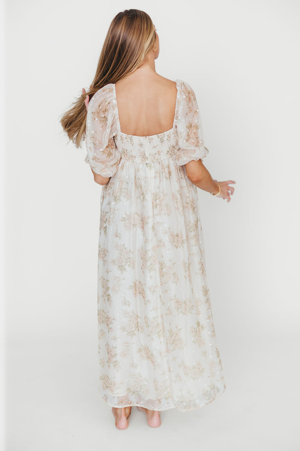Elegant Cream Floral Smocked Maxi Dress for Women - Bump Friendly Maternity & Inclusive Sizing (S-3XL) | Perfect for Weddings, Beach Vacations & Summer Parties