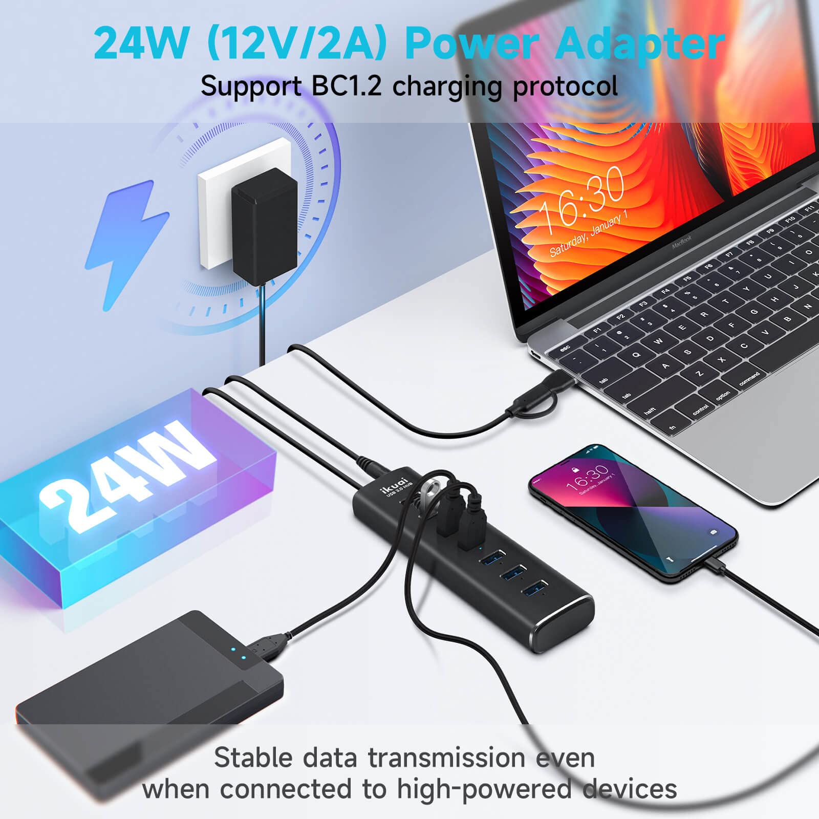 7-Port USB 3.0 & USB C Hub with AC Adapter - Aluminum Multi-Port Splitter with Individual On/Off Switches & 3.3ft Cable for Laptop, Mac, PC - Perfect for Home Office, Gaming Setup & External Storage Devices