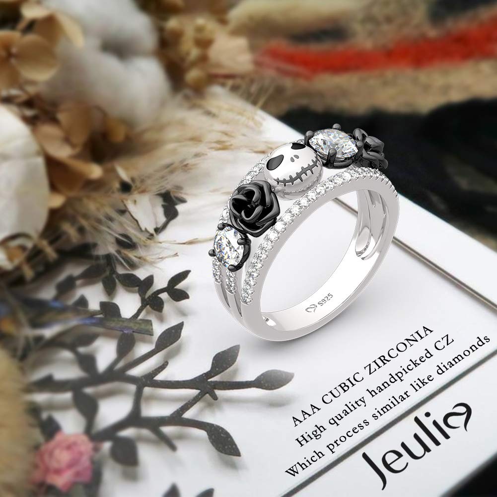 Jeulia 1.76ct Rose Flower Skull Wedding Band - 925 Sterling Silver Diamond Eternity Ring for Women - Romantic Engagement, Anniversary & Promise Jewelry Gift - Perfect for Gothic Weddings, Valentine's Day & Alternative Fashion