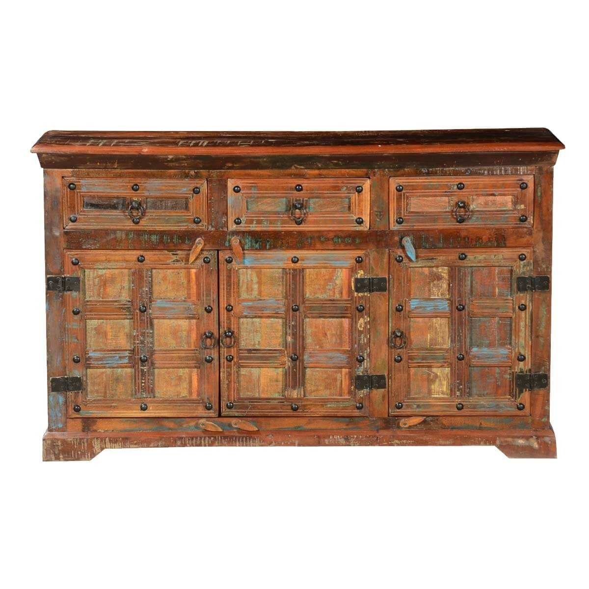 Reclaimed Wood 3-Drawer Buffet Sideboard Cabinet - Rustic Indian Teakwood Storage for Dining Room, Living Room & Entryway
