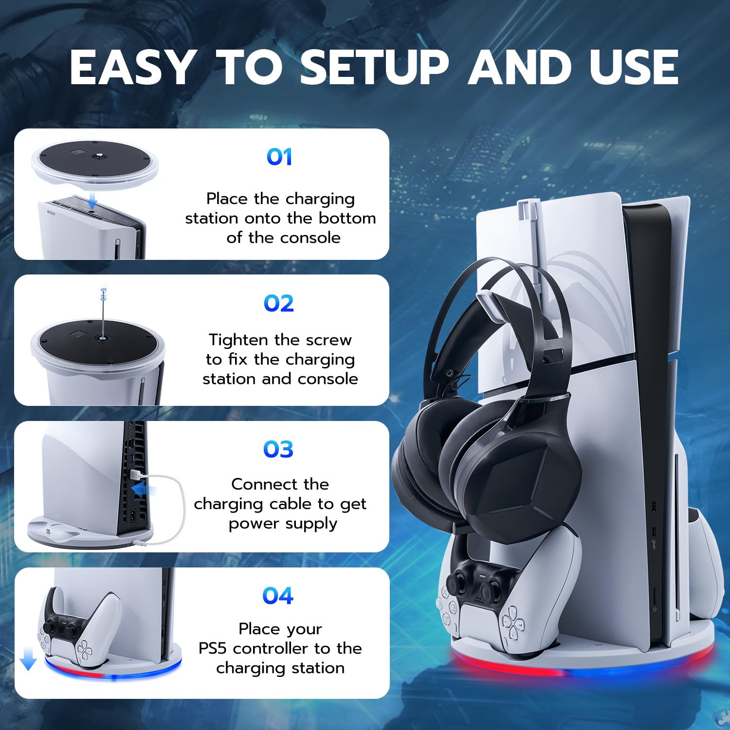 PS5 Slim Vertical Stand with LED Light & Fast Charging Dock - Dual Controller Charging Station, Headset Hook Accessories - White (Compatible with PS5 Slim Digital/Disc Edition) - Perfect for Gaming Setup & Organized Playstation Accessories Storage