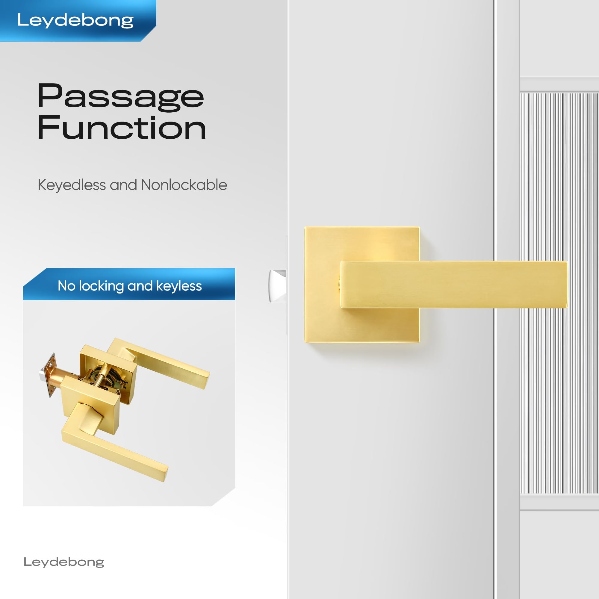 Brushed Gold Keyless Door Handles 3 Pack - Satin Brass Finish for Closet & Hallway