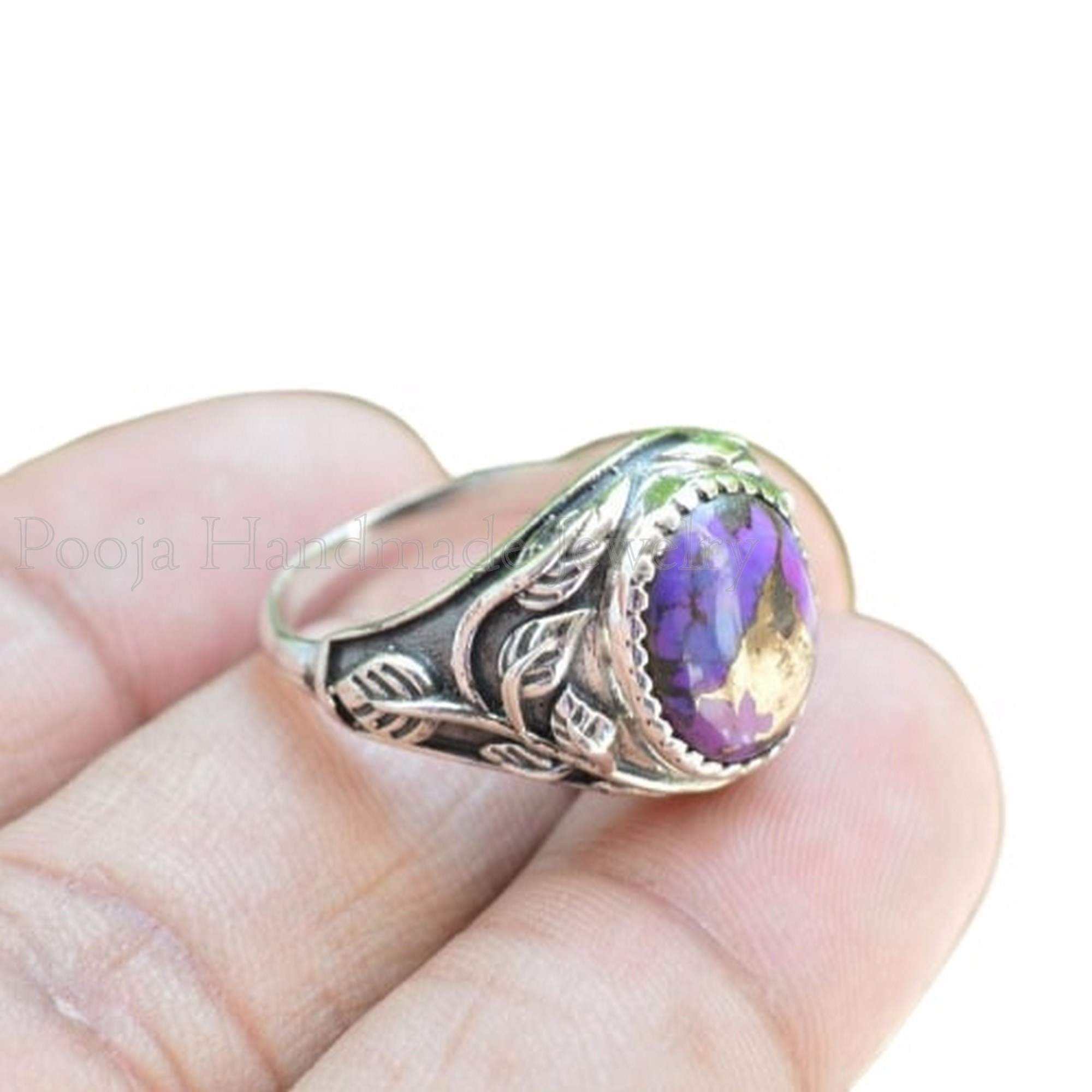 925 Sterling Silver Purple Copper Turquoise Ring for Men - Leaf Design Gemstone Ring, Unisex Wedding Gift & Everyday Jewelry - Size 6-13 (Perfect for Outdoor Adventures & Special Occasions)