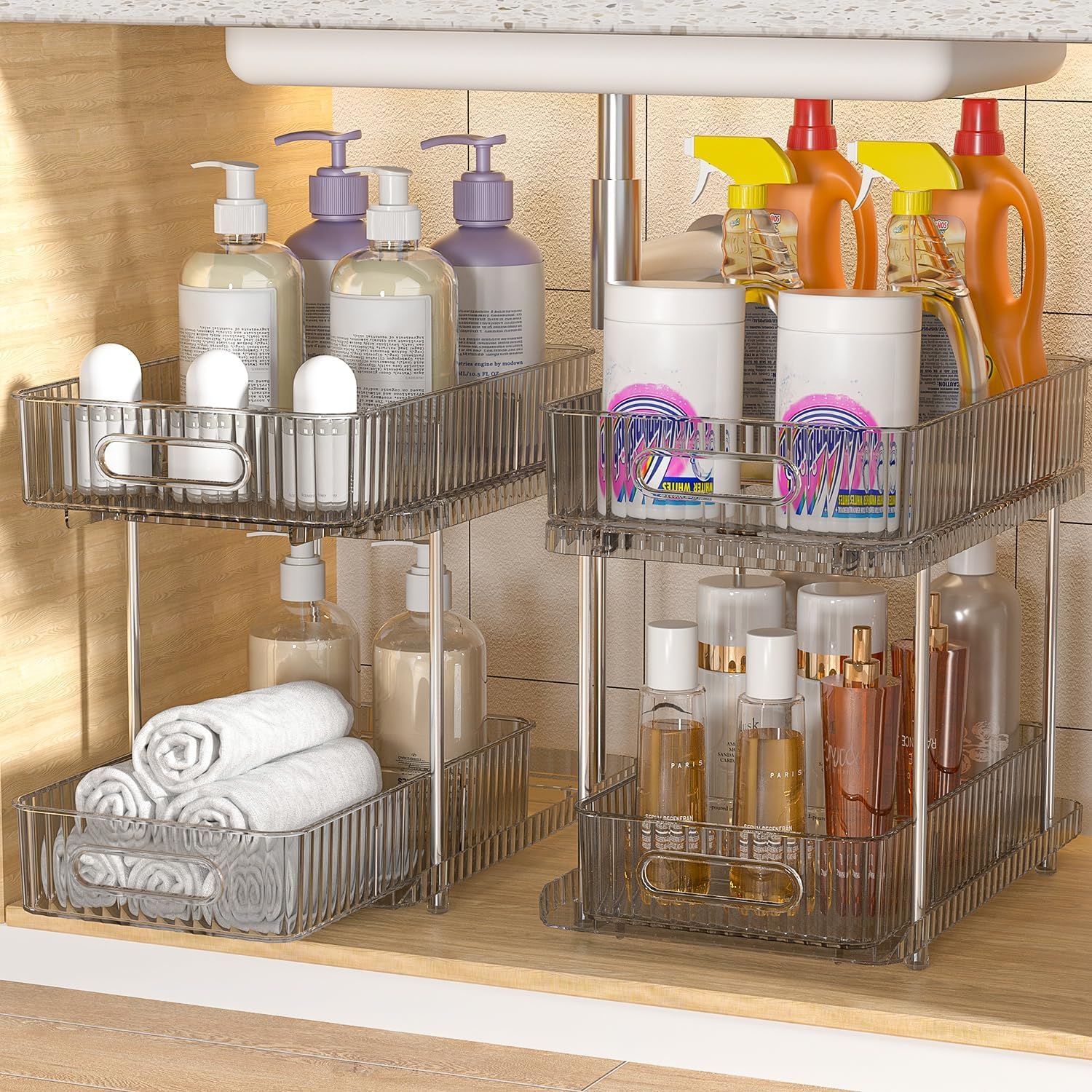 Fowooyeen Under Sink Organizer, Space Saving Kitchen Organizer, Sliding Cabinet Shelf, Under Sink Rolling Cart, Pantry & Bathroom Storage Shelf - 2 Pack Gray Transparent | Perfect for Small Kitchens & Bathrooms