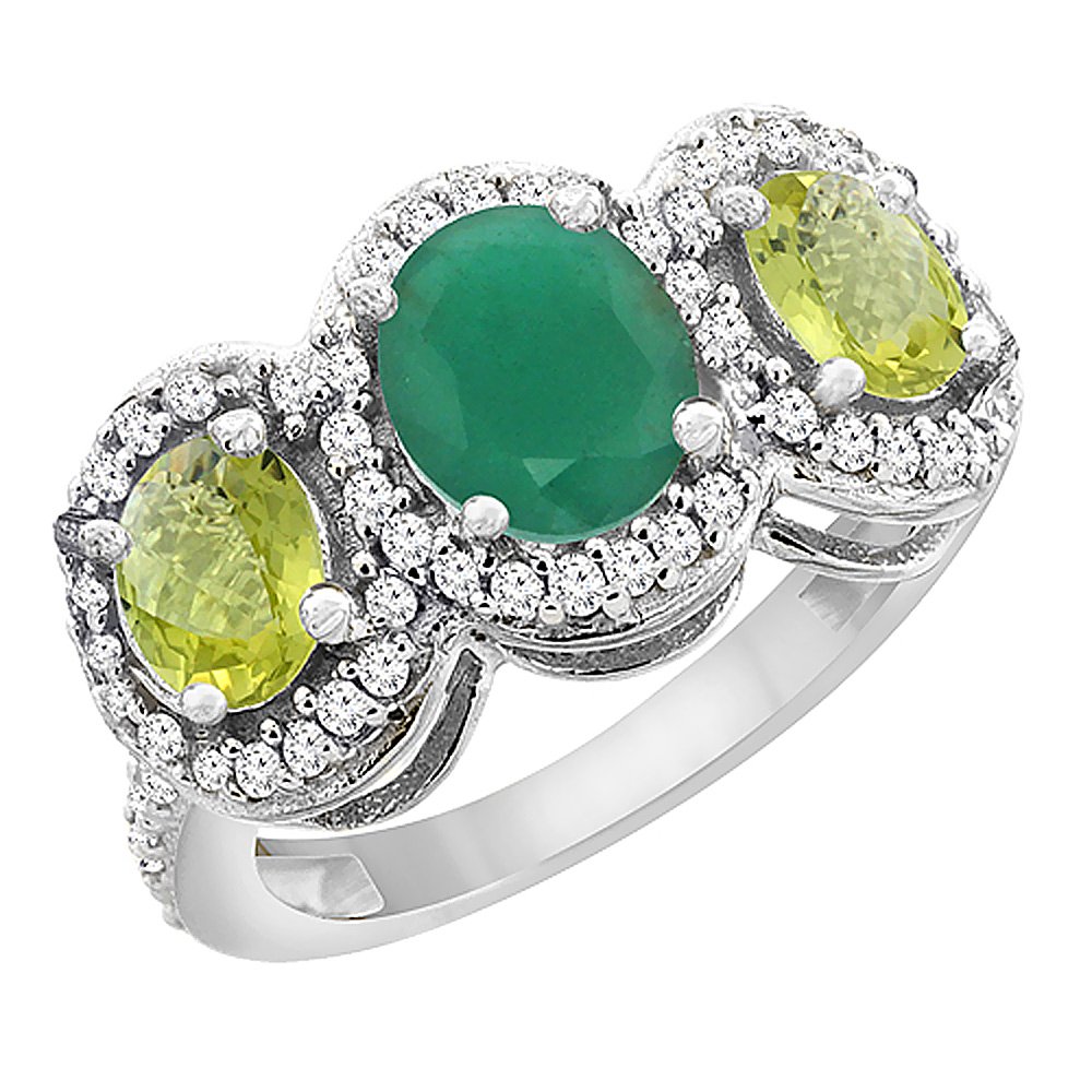 14K White Gold Natural Cabochon Emerald & Lemon Quartz 3-Stone Ring with Oval Diamond Accent - Sizes 5-10 | Elegant Jewelry for Weddings, Anniversaries & Special Occasions