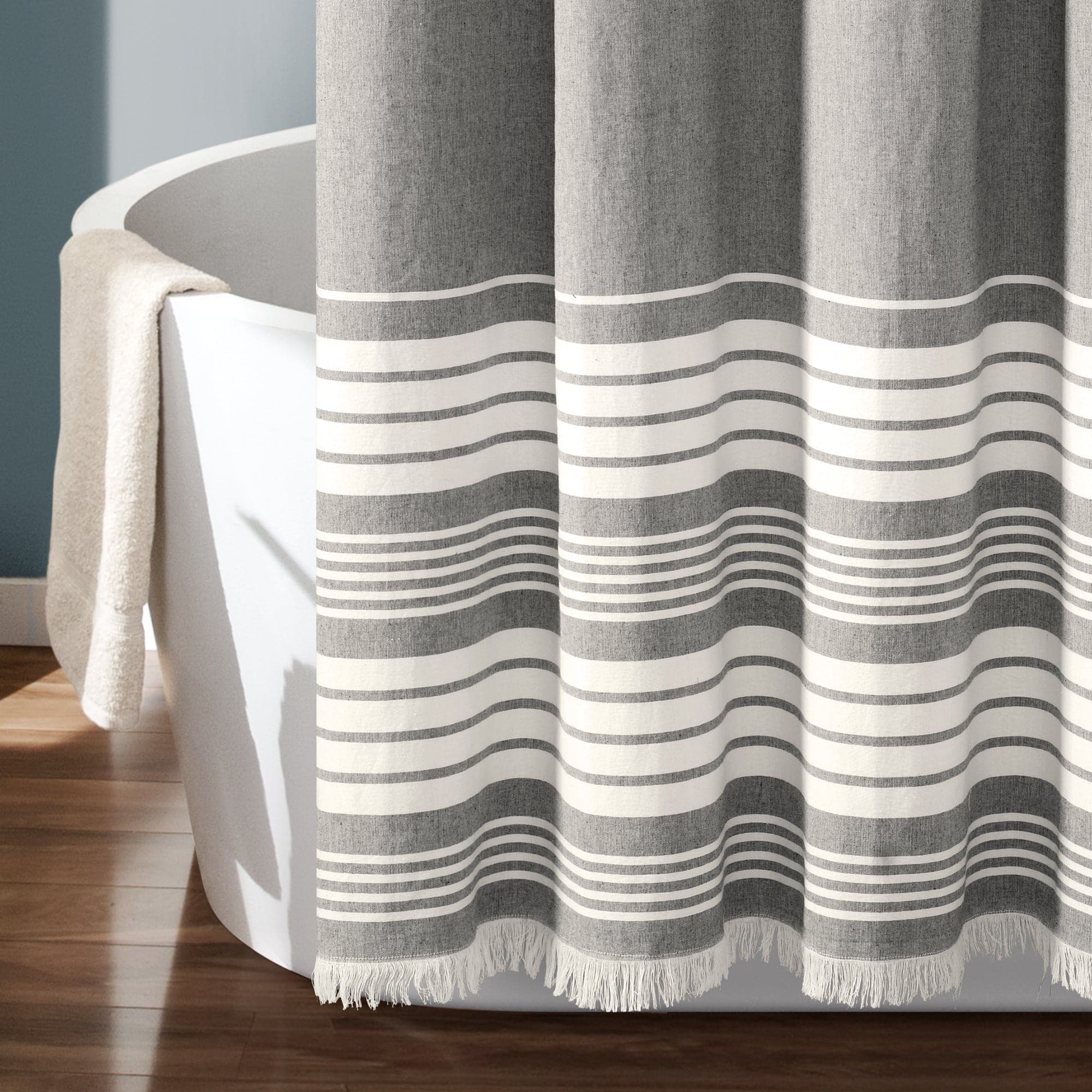 Nantucket Yarn Dyed Tassel Fringe Shower Curtain - Coastal Bathroom Decor for Beach House, Farmhouse & Boho Style
