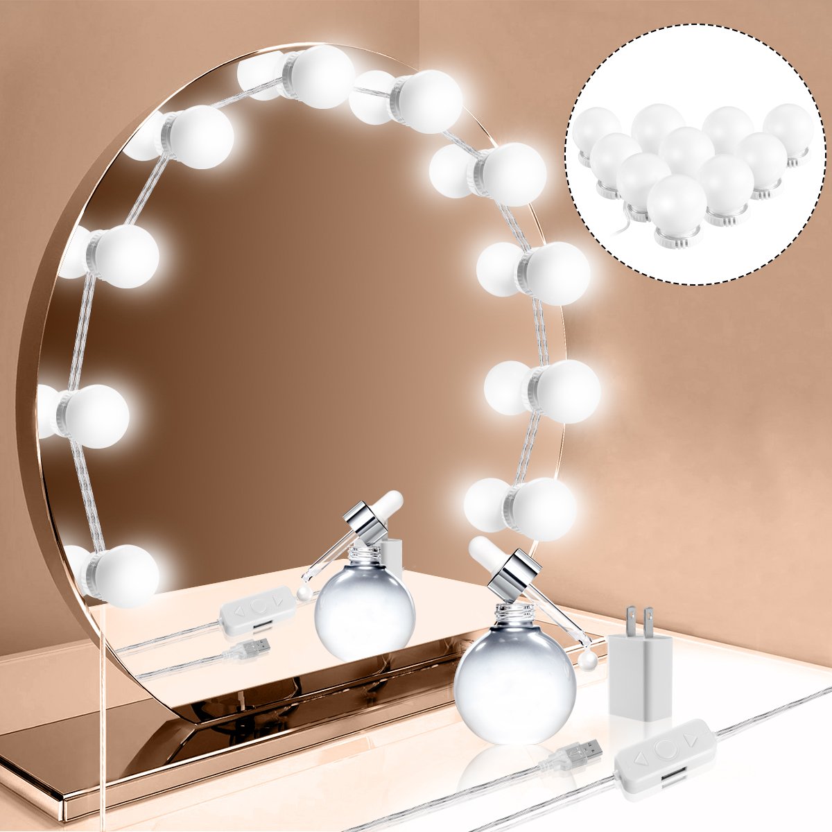 Oenbopo DIY 10LED Dimmable Vanity Mirror Lights Kit - Adjustable Makeup Mirror Bulbs, Hollywood Style Lighting Fixture Strip for Dressing Room & Bathroom Vanity Table (Mirror Not Included) - Perfect for Home Makeup Studio, Beauty Salon, and Professional Cosmetics Application