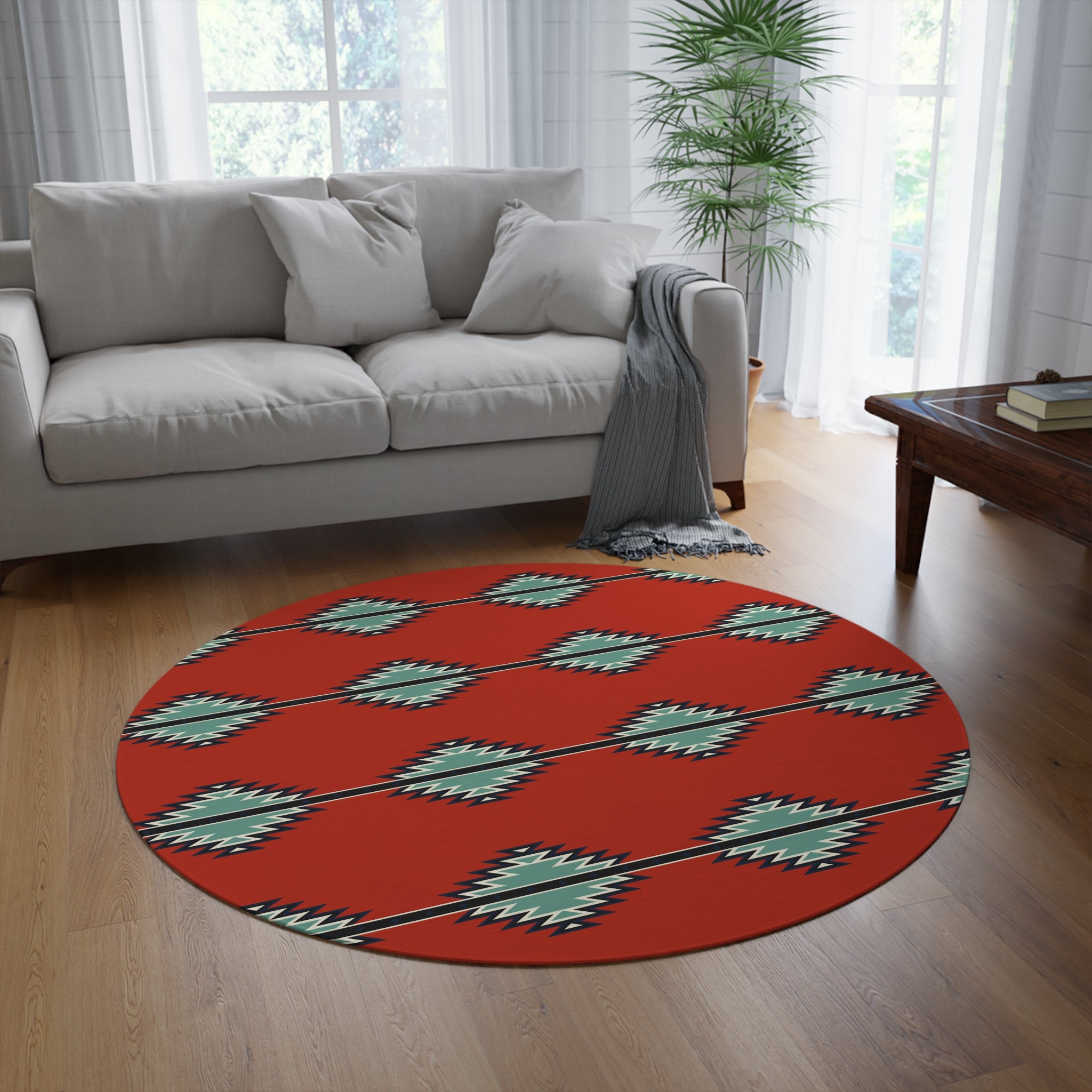 Southwestern Round Rug with Reds River Print - Soft Polyester Chenille - Perfect for Living Room, Bedroom, or Entryway Decor