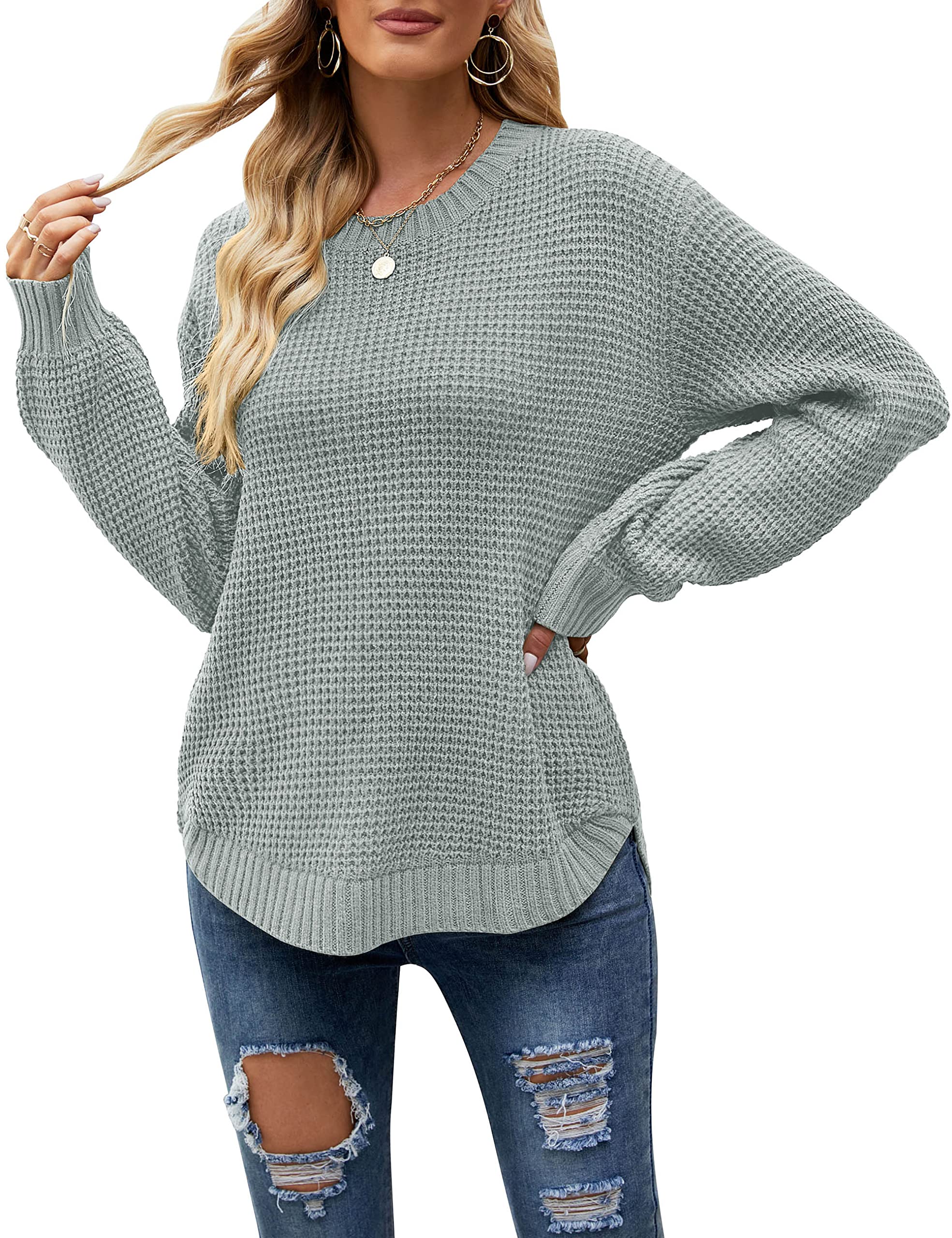 MEROKEETY Women's 2024 Fall Waffle Knit Sweater - Long Balloon Sleeve Loose Pullover Jumper for Casual Outfits | Perfect for Autumn Layering, Coffee Dates & Weekend Outings