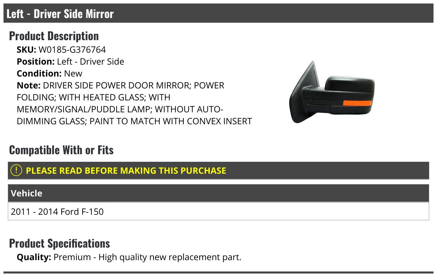 2011-2014 Ford F150 Left Driver Side Power Heated Mirror with Turn Signal & Puddle Lamp - Power Folding, Paint to Match (No Auto Dim) - Perfect for Winter Driving & Night Visibility