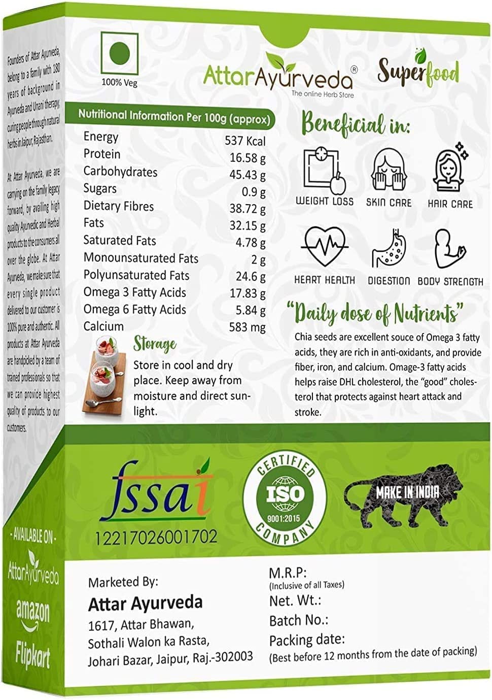 Organic CROW Attar Ayurveda Chia Seeds for Weight Loss & Digestion - 500g | High in Omega-3, Fiber & Protein | Perfect for Smoothies, Yogurt & Healthy Baking