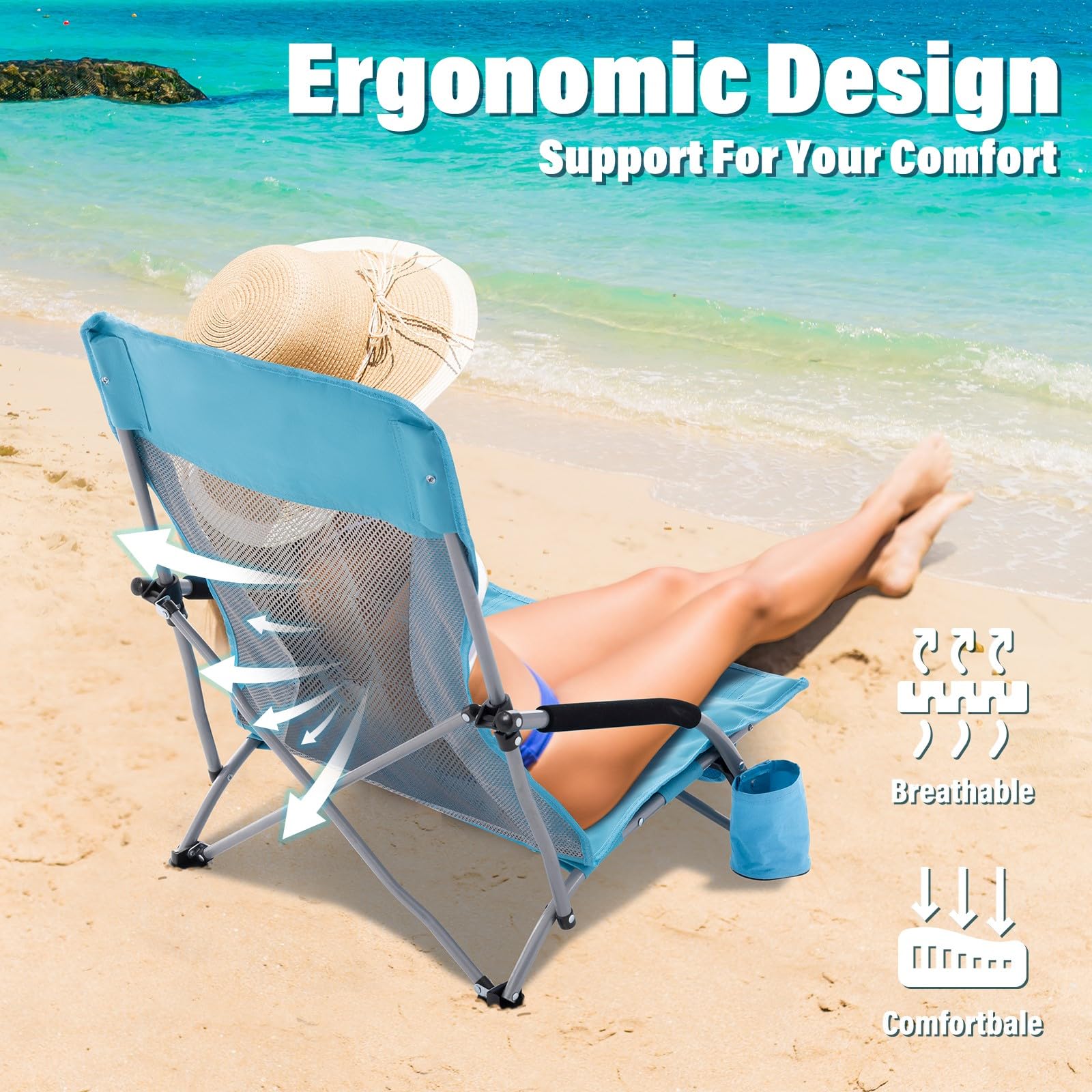 Homcosan Low Folding Beach Chairs for Adults - Portable Lightweight Sling Chair with Cup Holder & Mesh Back, Compact Foldable Design with Carry Bag - Perfect for Outdoor, Lawn, Camping, Concert & Travel (Blue)
