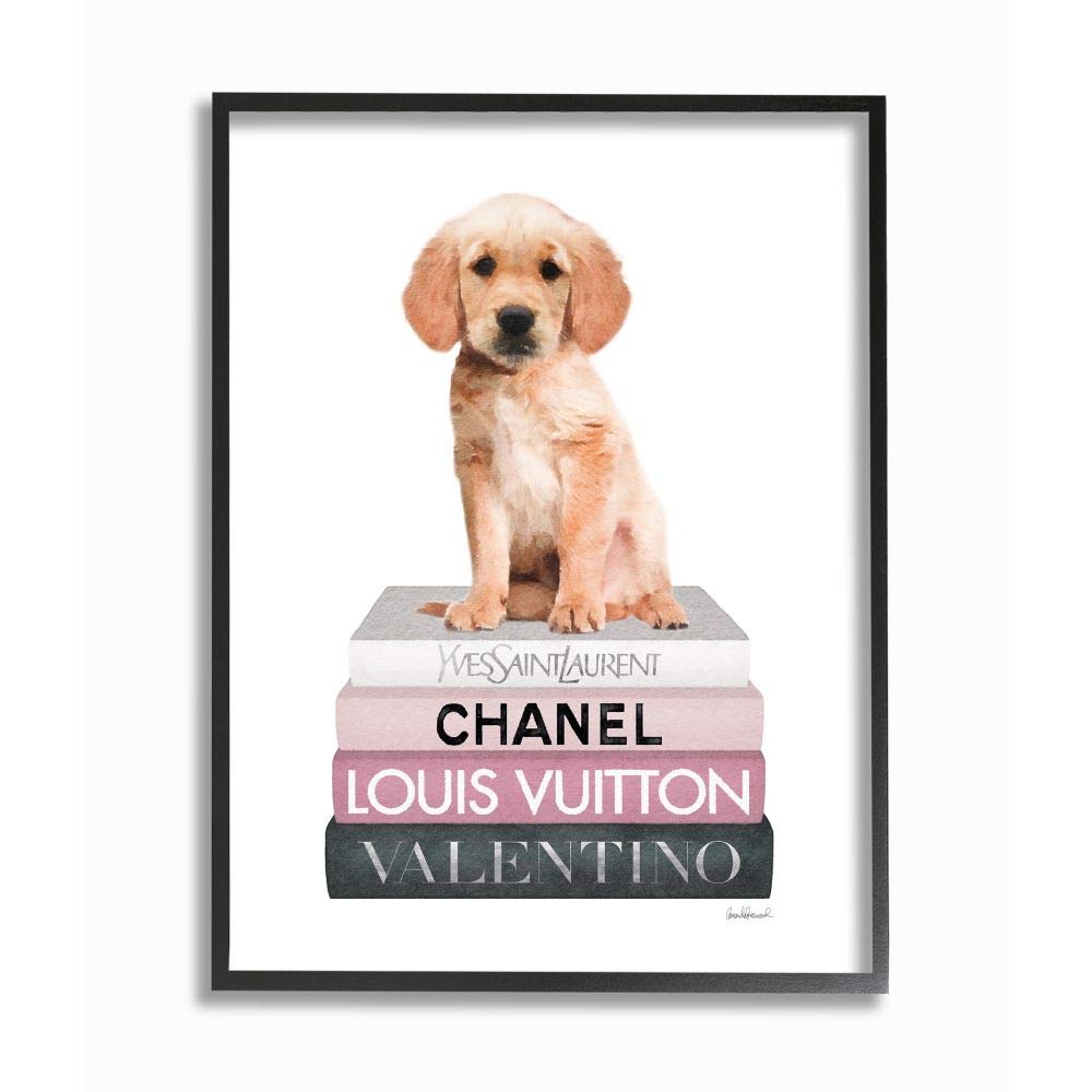 Stupell Industries Adorable Puppy Sitting on Glam Fashion Books - 24x30 Inch White Framed Wall Art Decor for Living Room, Bedroom & Office