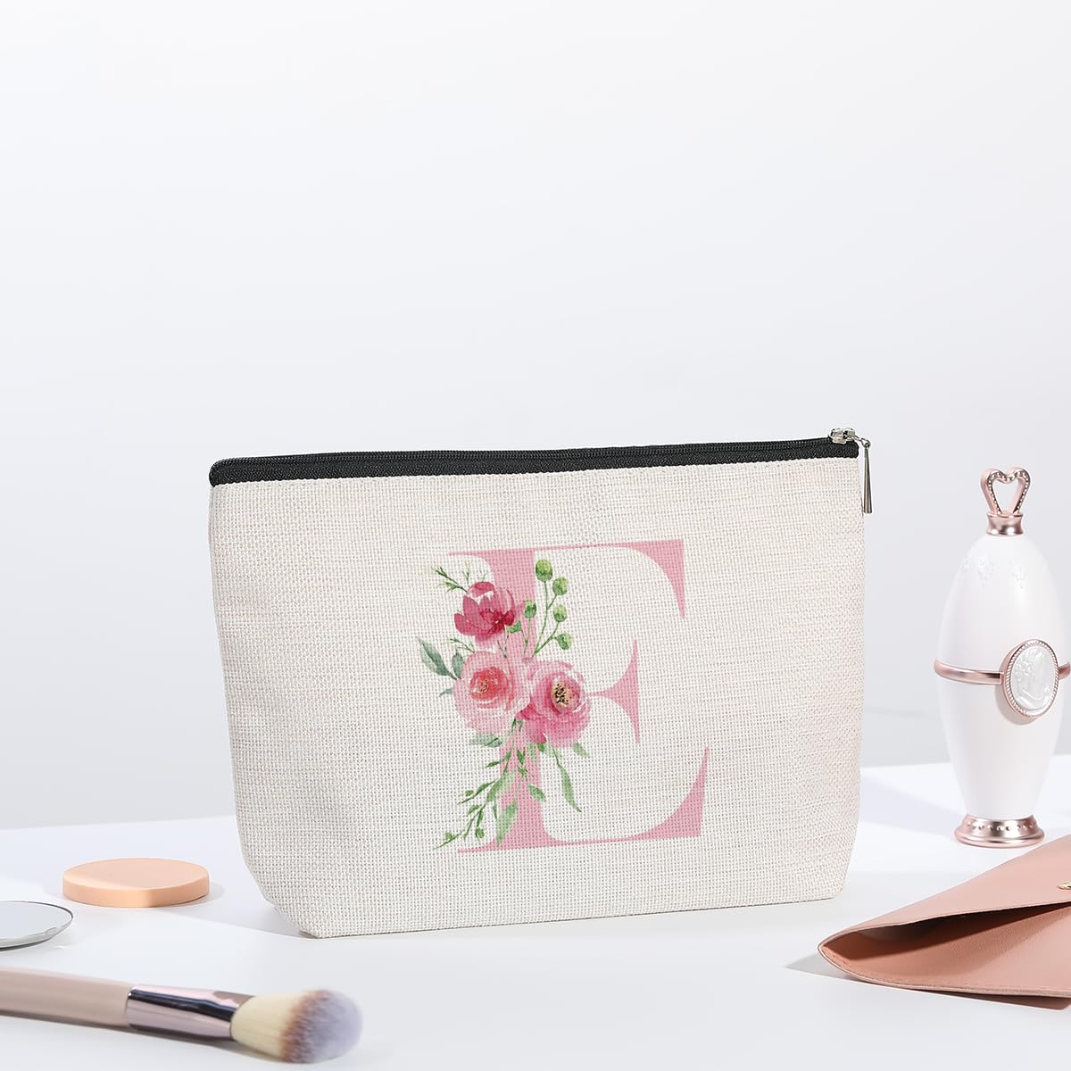Personalized Pink Initial Makeup Bag - Perfect Bridesmaid Gift, Birthday Present for Women & Moms, Cosmetic Organizer for Best Friends & Brides - Ideal for Travel, Weddings & Everyday Use (Size E)
