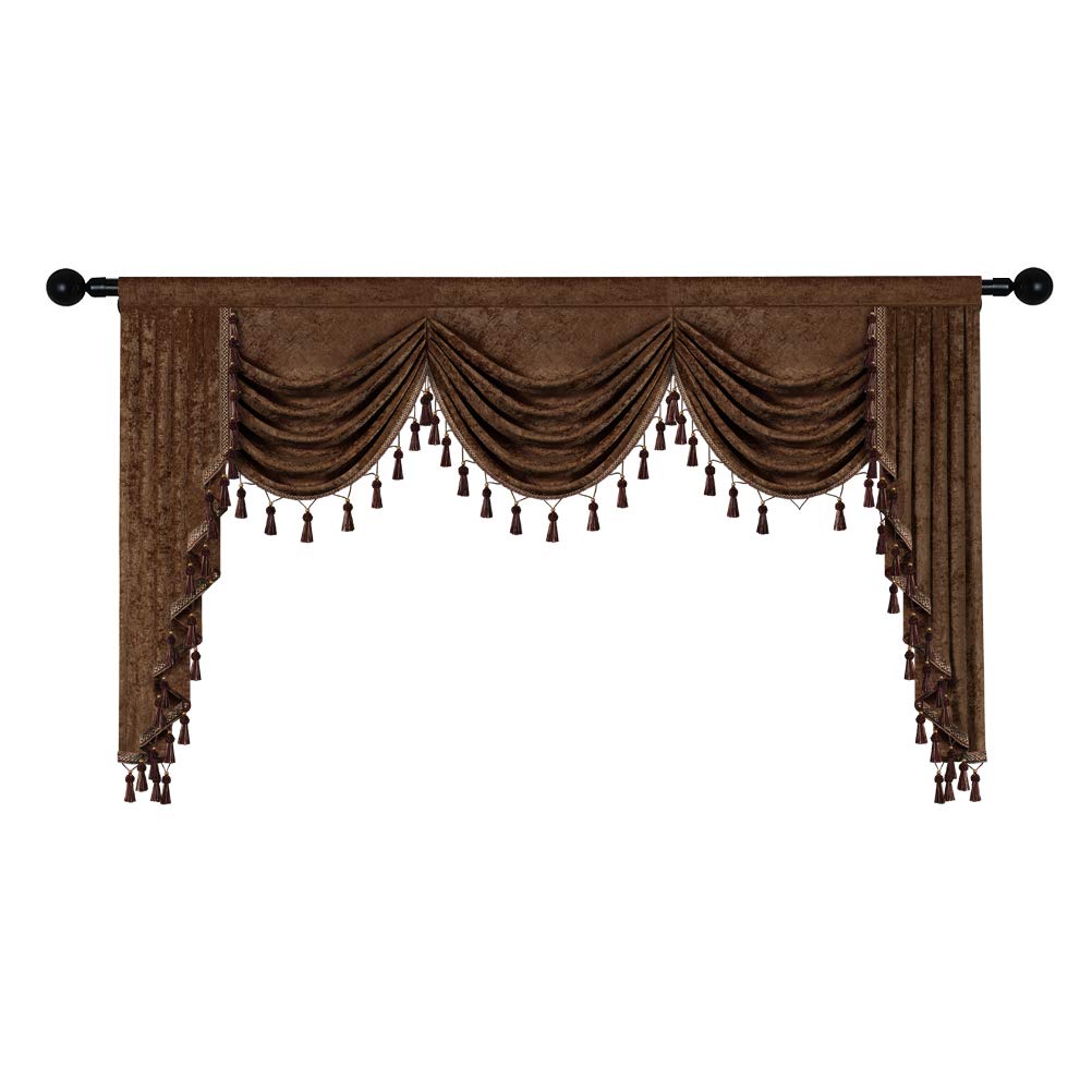ELKCA Double-Sided Chenille Window Valance - 79 Inch Chocolate Waterfall Curtain Panel for Living Room & Bedroom - Soft Textured Home Decor for Bay Windows, French Doors & Dormers