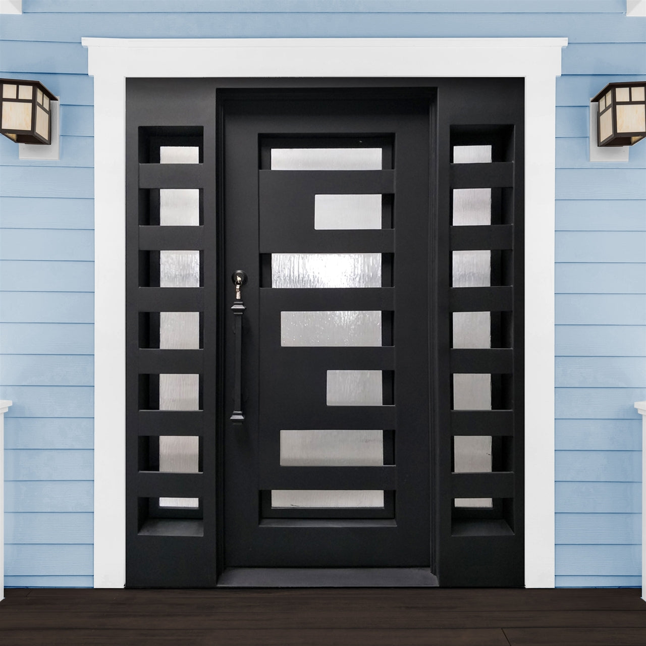 Aleko Matte Black Iron Square Top Geometric Embossed Single Door with Frame and Threshold - 81 x 62 x 6 Inches - Modern Security Door for Home Entry, Patio, or Garage - Rust-Resistant & Durable Exterior Door