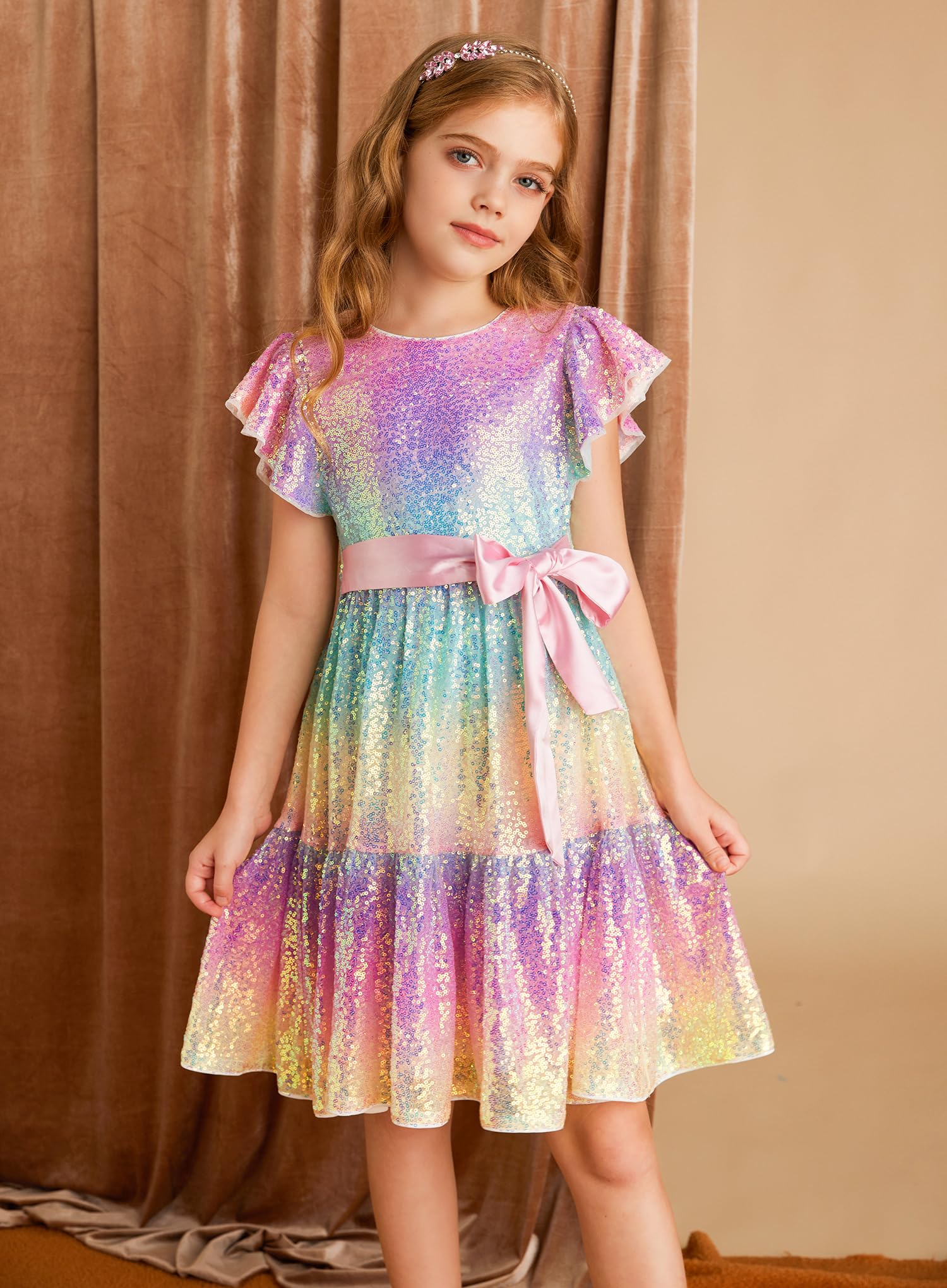 GRACE KARIN Girls Sequin Party Dress - Elegant Formal Birthday & Prom Midi Dress with Ruffle Details for Ages 5-14 | Perfect for Special Occasions, Dances & Celebrations