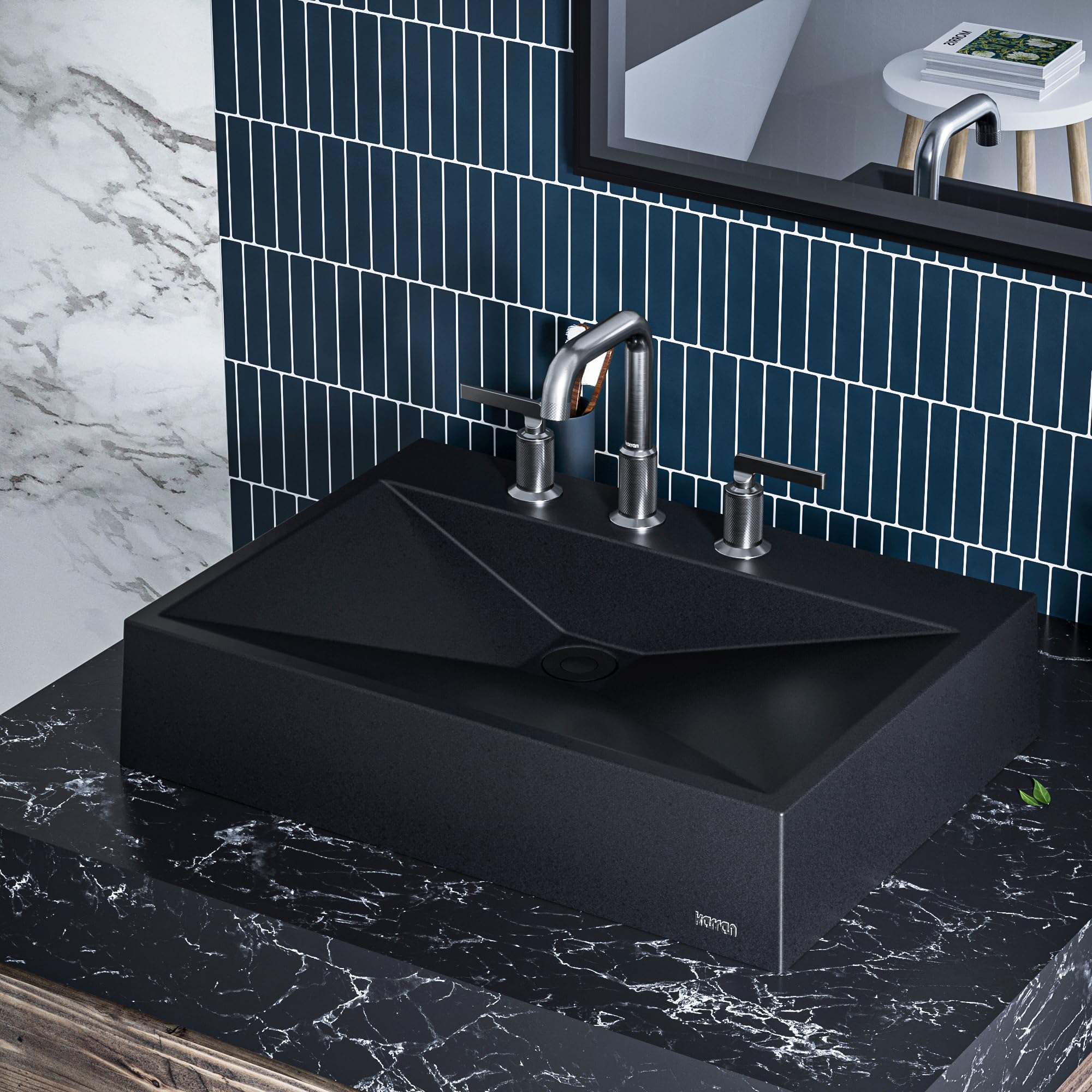 Karran Envy SQS100 24.5 Inch Black Quartz Bathroom Vessel Sink - Modern Countertop Basin for Vanity, Powder Room & Luxury Bathroom Decor