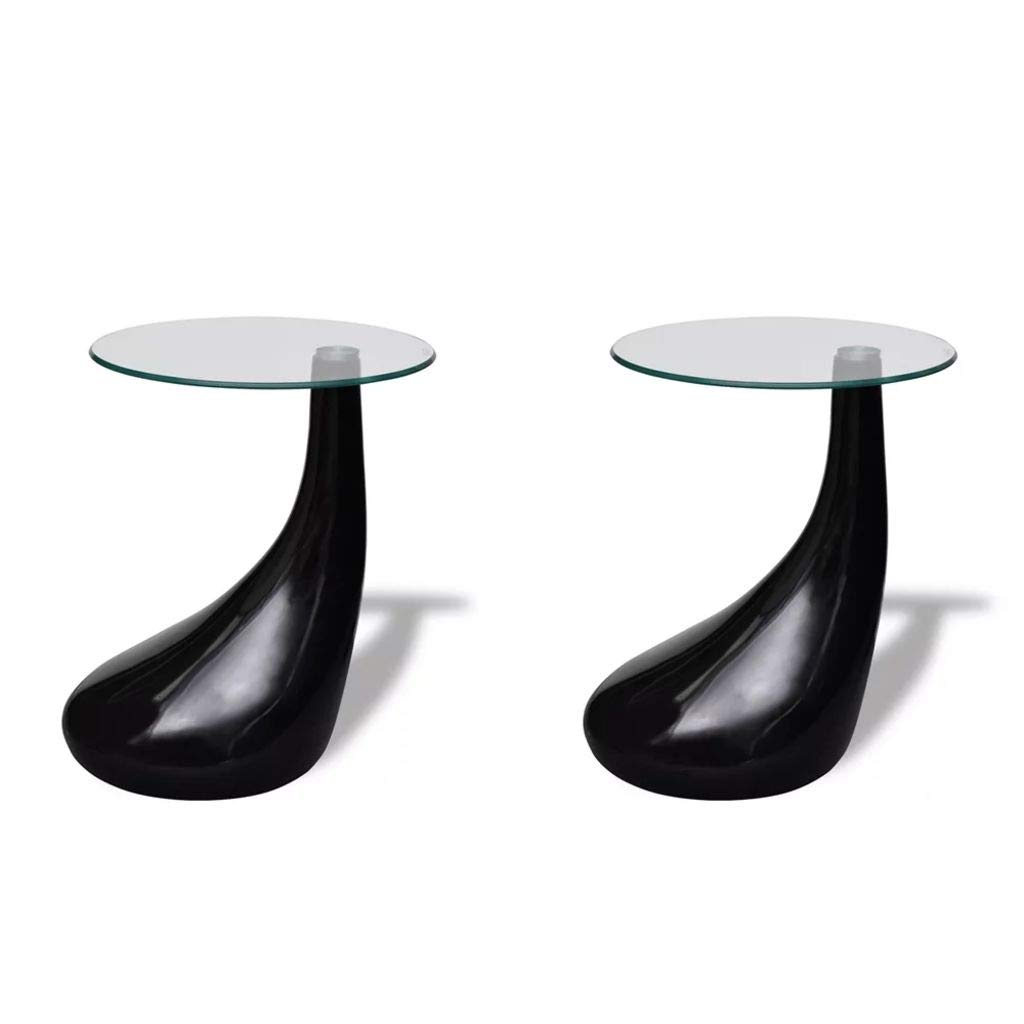 FAMIROSA 2-Piece Round Tempered Glass Coffee Table Set with Teardrop Base - Modern Side Table for Living Room, Sofa, Couch & Nightstand - Durable Black Glass Tabletop for Home Decor & Small Space Furniture