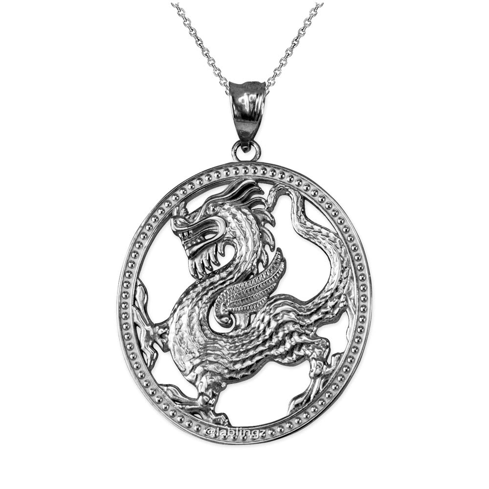 10K White Gold Chinese Dragon Oval Medallion Pendant Necklace for Men & Women - Elegant Asian Inspired Jewelry Gift for Birthday, Anniversary & Special Occasions