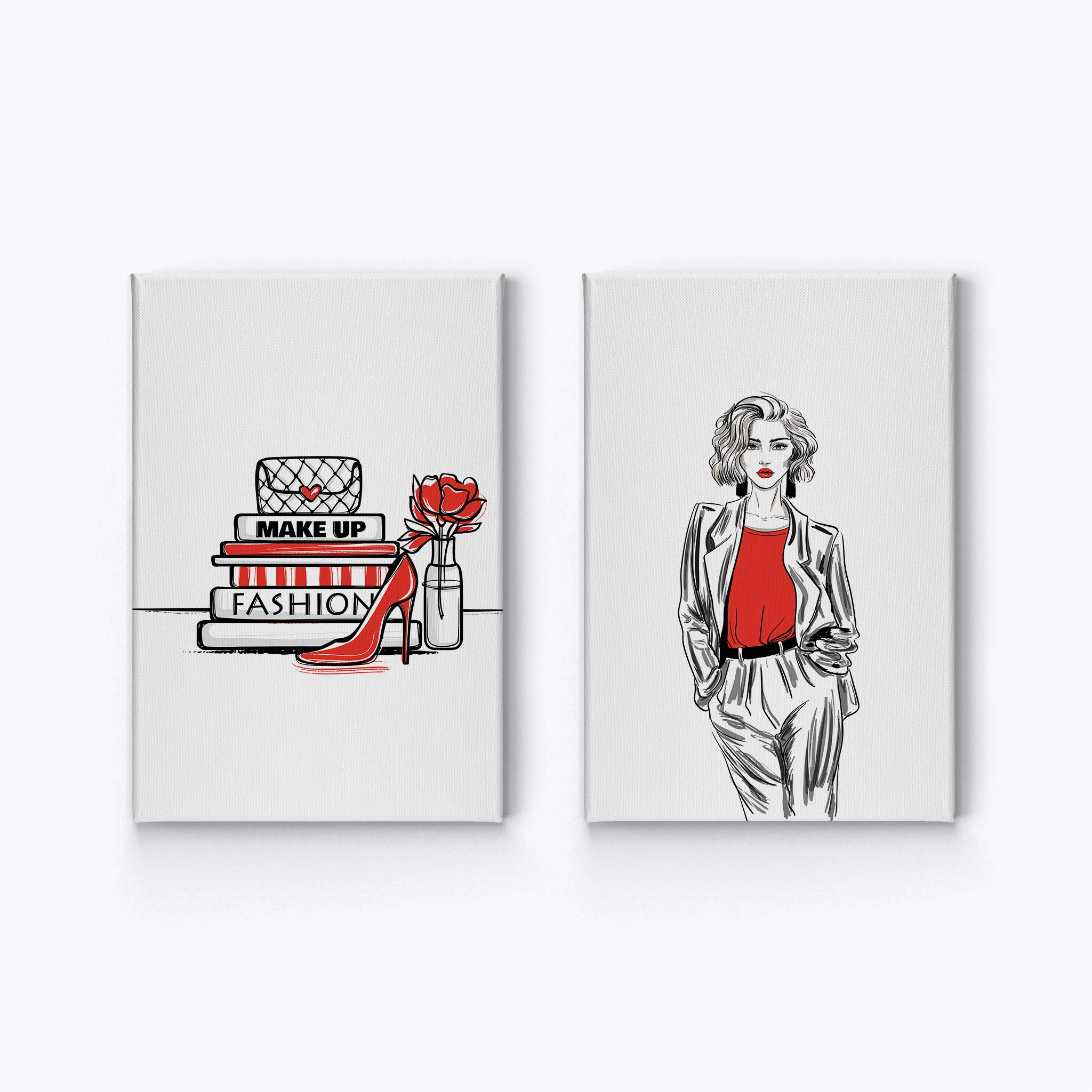Glam Fashion Canvas Wall Art Set - Red, Black & White Book, Bag & High Heels Print (36x24 Inches, 2-Piece) | Ready to Hang Office, Bathroom, Women's Dorm, Bedroom & Living Room Decor | Trendy Home & Gift Idea for Fashion Lovers