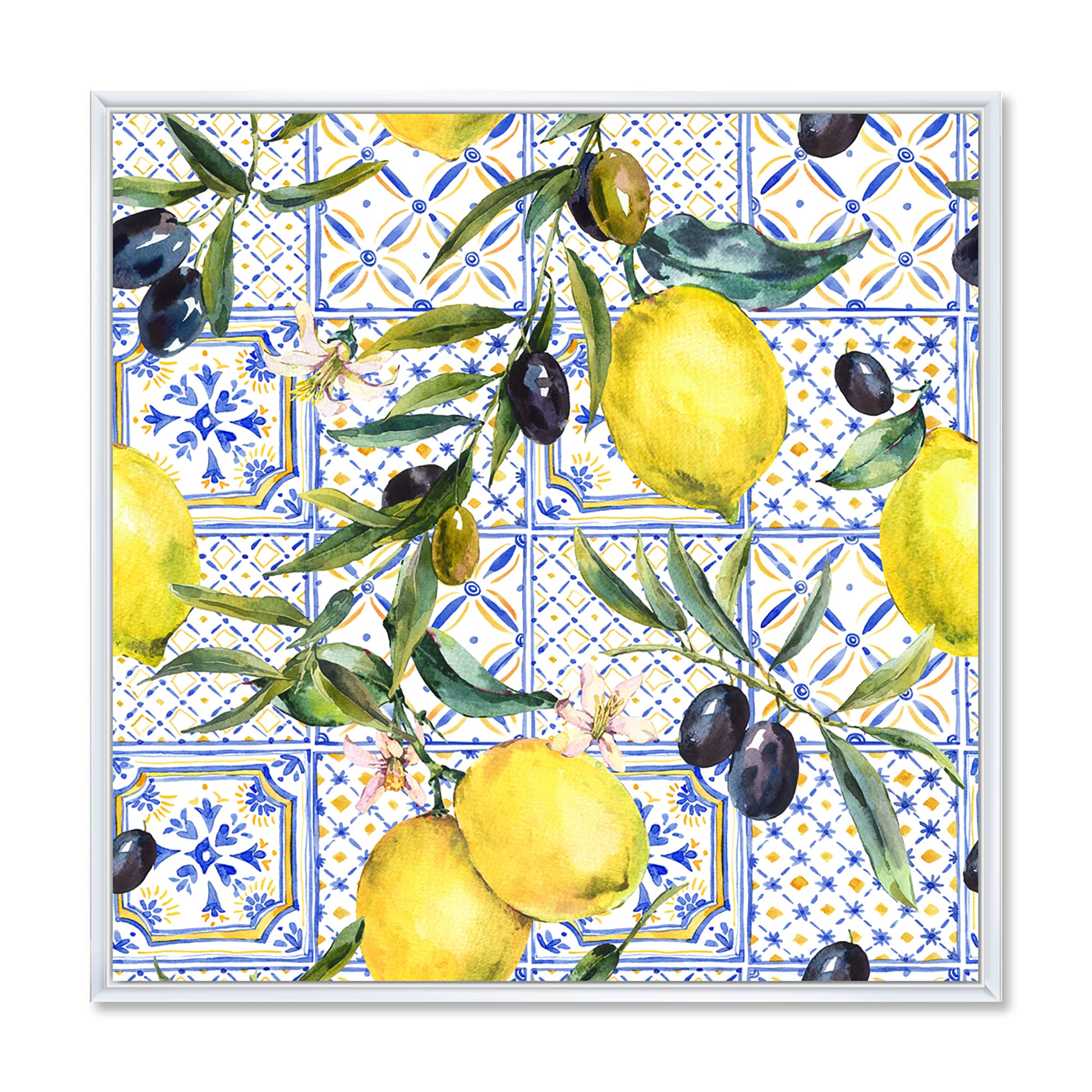 Lemon Ornament on Blue Geometric Pattern III - Tropical Framed Canvas Wall Art Print for Home Decor, Kitchen, Living Room & Office
