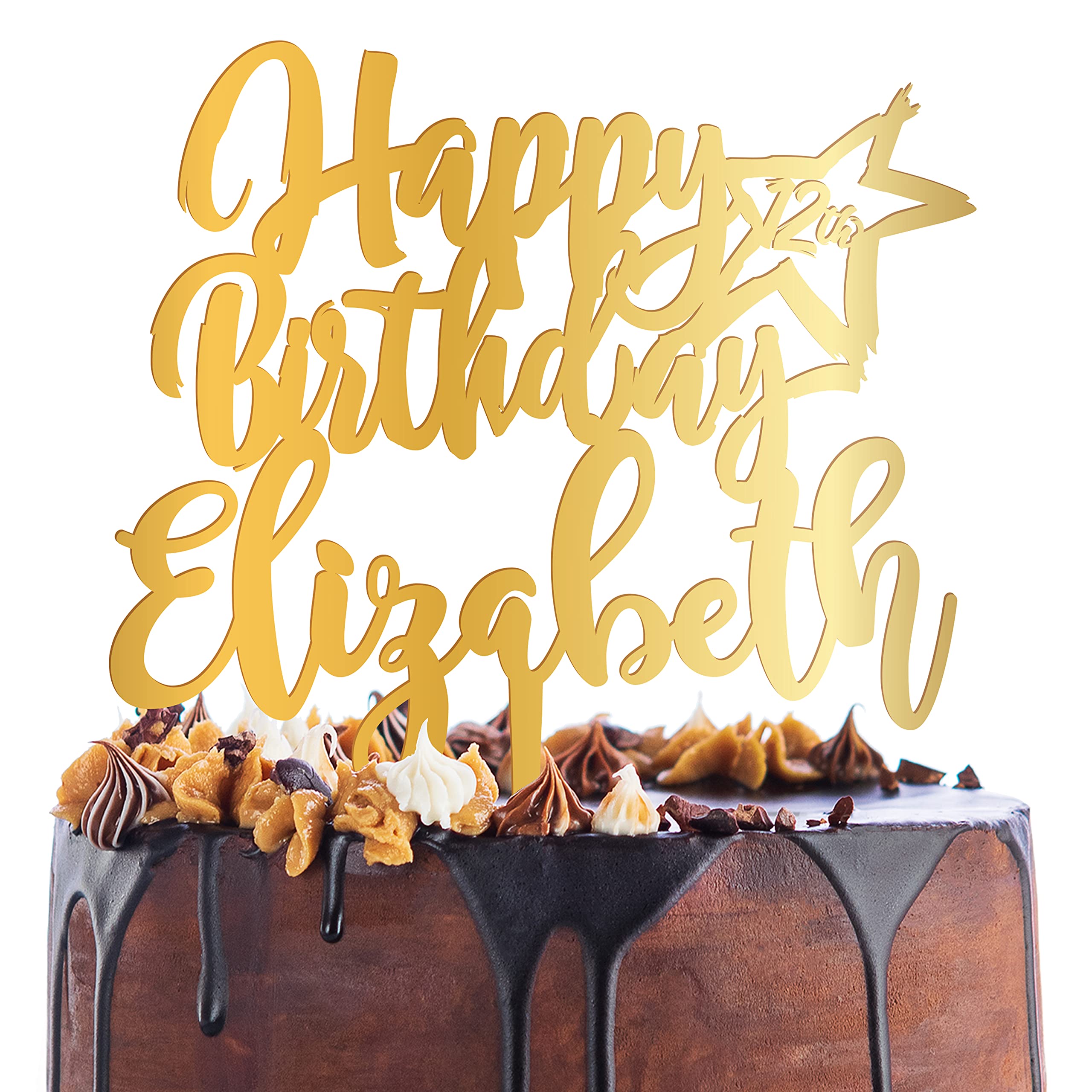 Custom Happy Birthday Cake Topper with Name & Star - Personalized Acrylic Cake Decorations for Birthday Parties - 3 Mirror Finish Color Options - Perfect for Wedding, Baby Shower & Anniversary Celebrations